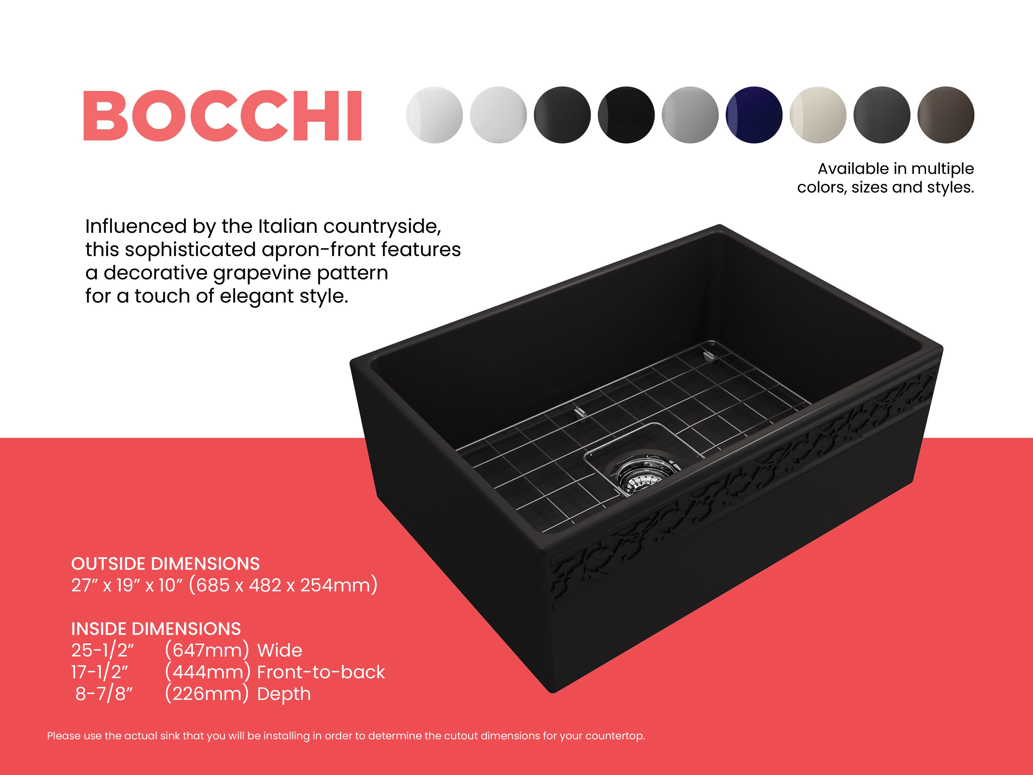 Alternate Image for BOCCHI Vigneto 27" Fireclay Farmhouse Apron Single Bowl Kitchen Sink, Matte Black, 1357-004-0120