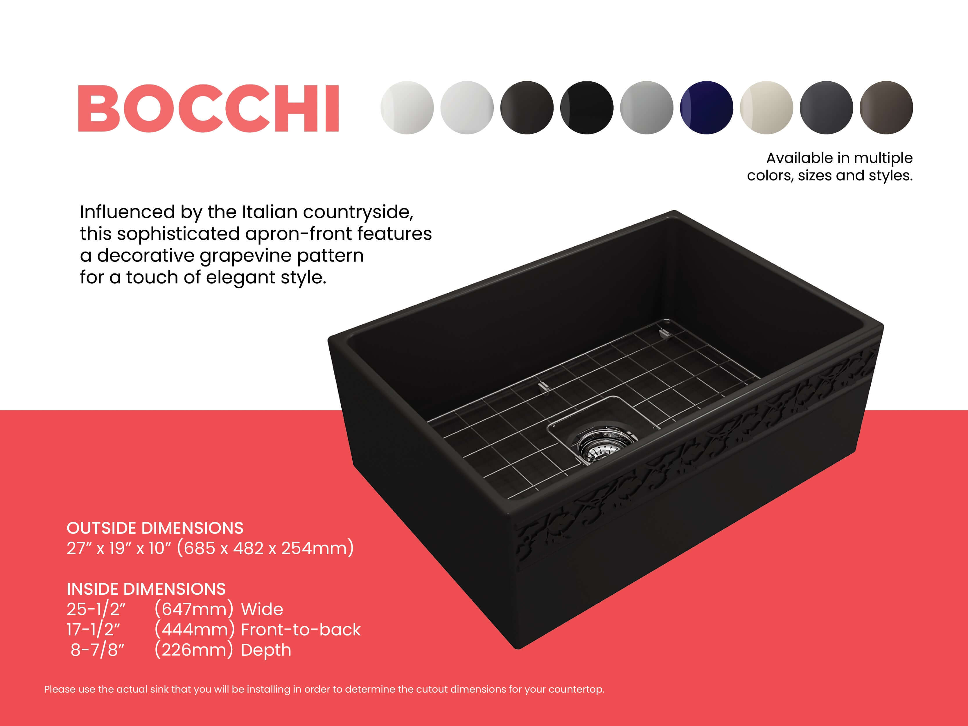 Alternate Image for BOCCHI Vigneto 27" Fireclay Farmhouse Apron Single Bowl Kitchen Sink, Matte Black, 1357-004-0120