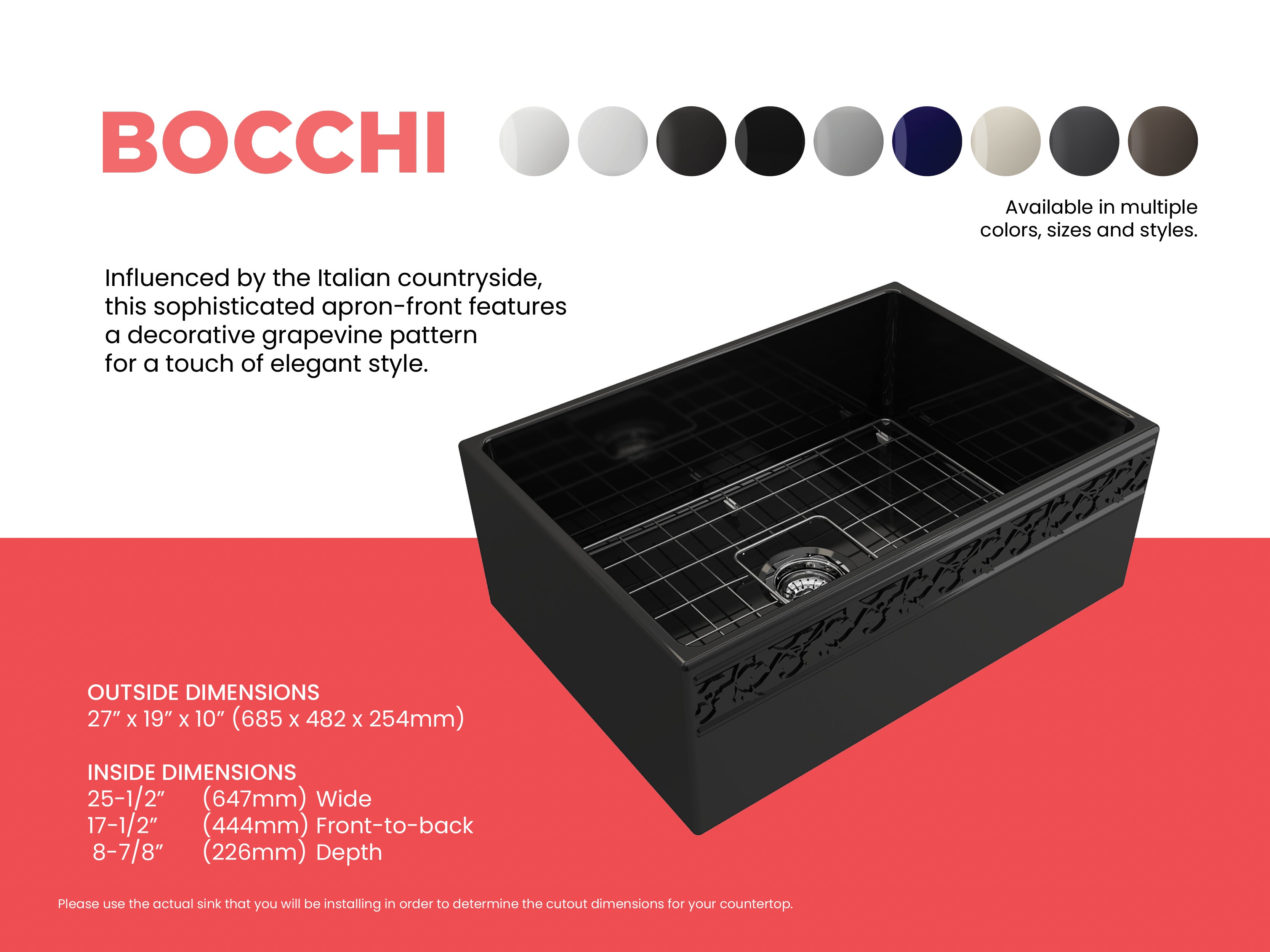 Alternate Image for BOCCHI Vigneto 27" Fireclay Farmhouse Apron Single Bowl Kitchen Sink, Black, 1357-005-0120