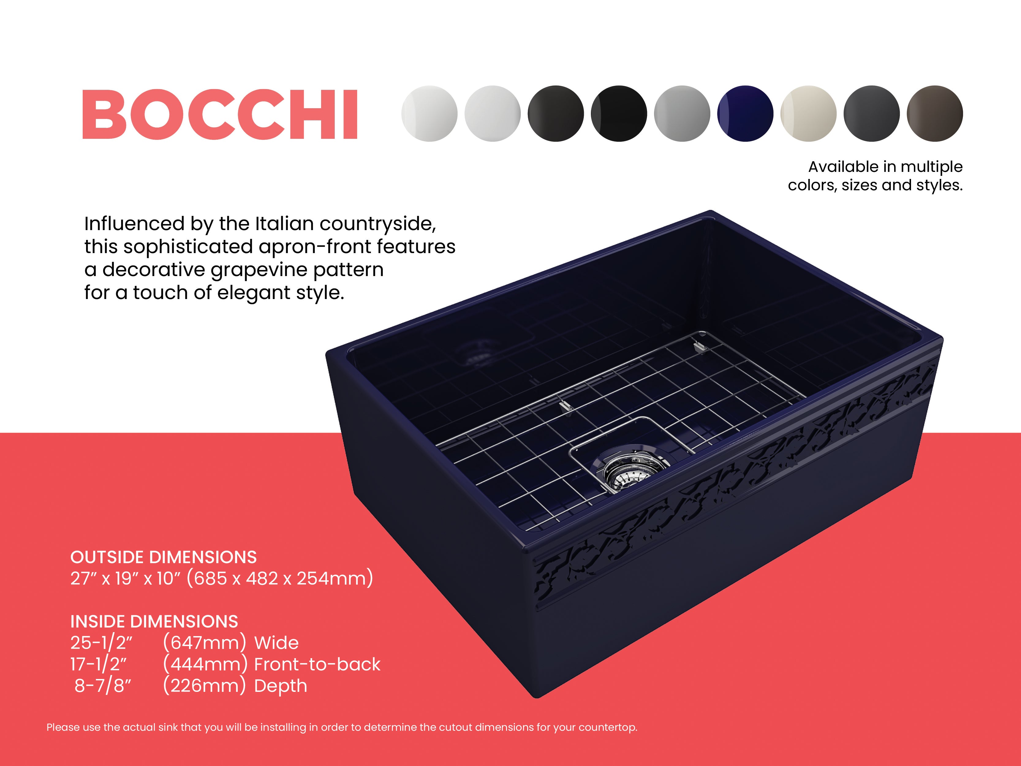 Alternate Image for BOCCHI Vigneto 27" Fireclay Farmhouse Apron Single Bowl Kitchen Sink, Sapphire Blue, 1357-010-0120