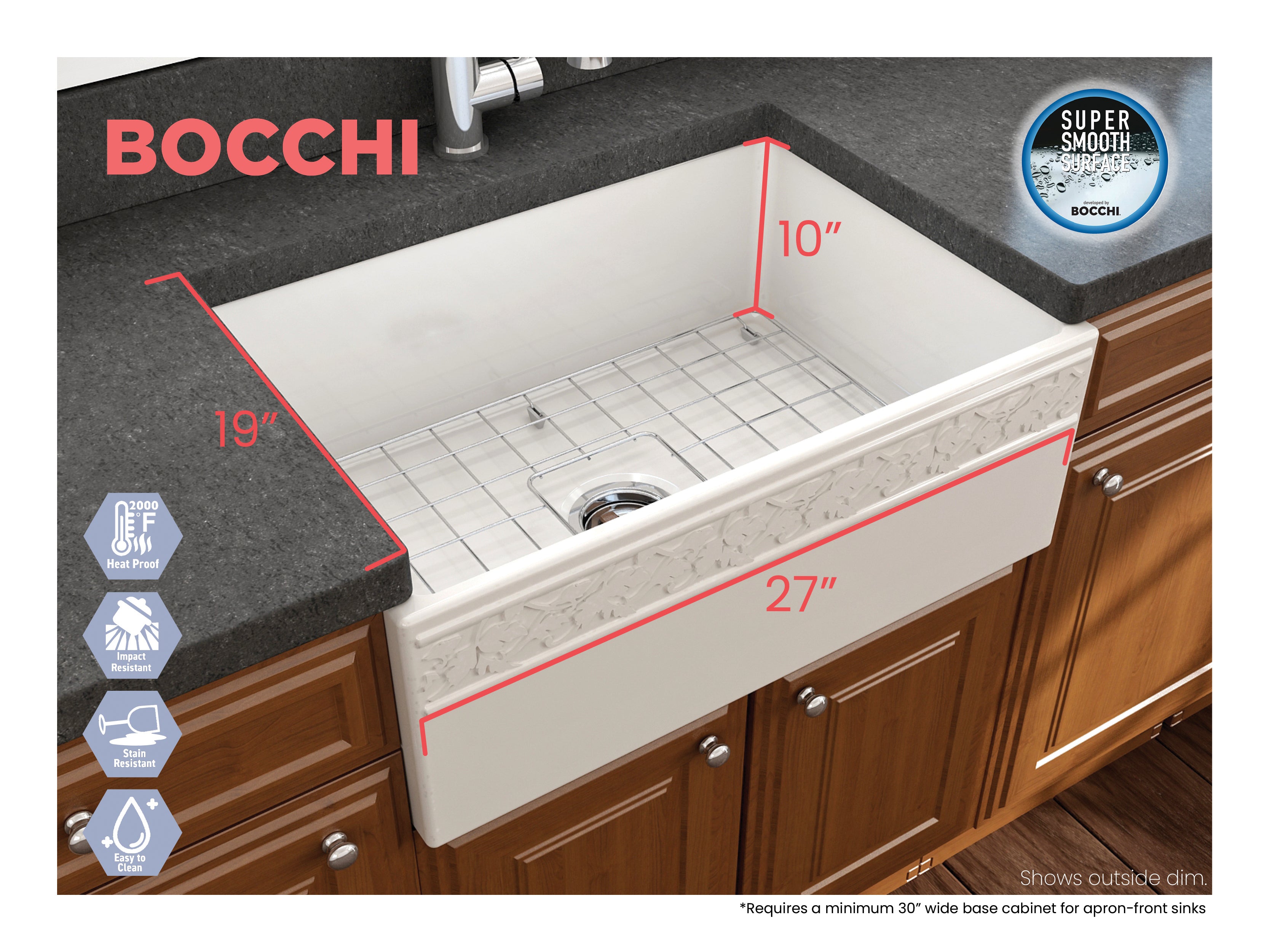 Alternate Image for BOCCHI Vigneto 27" Fireclay Farmhouse Apron Single Bowl Kitchen Sink, Biscuit, 1357-014-0120