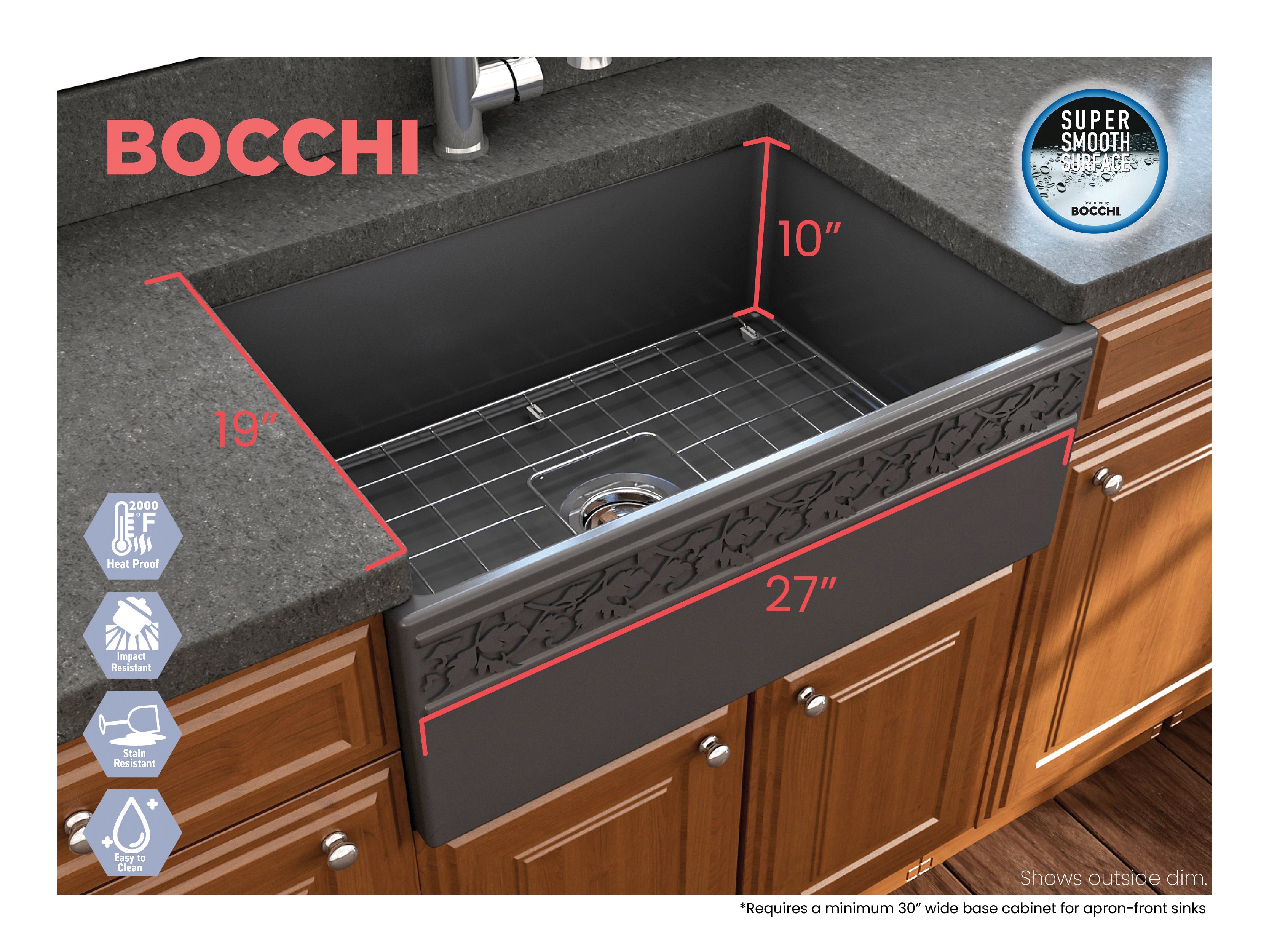 BOCCHI Vigneto 27" Fireclay Farmhouse Apron Single Bowl Kitchen Sink, Matte Dark Gray, 1357-020-0120