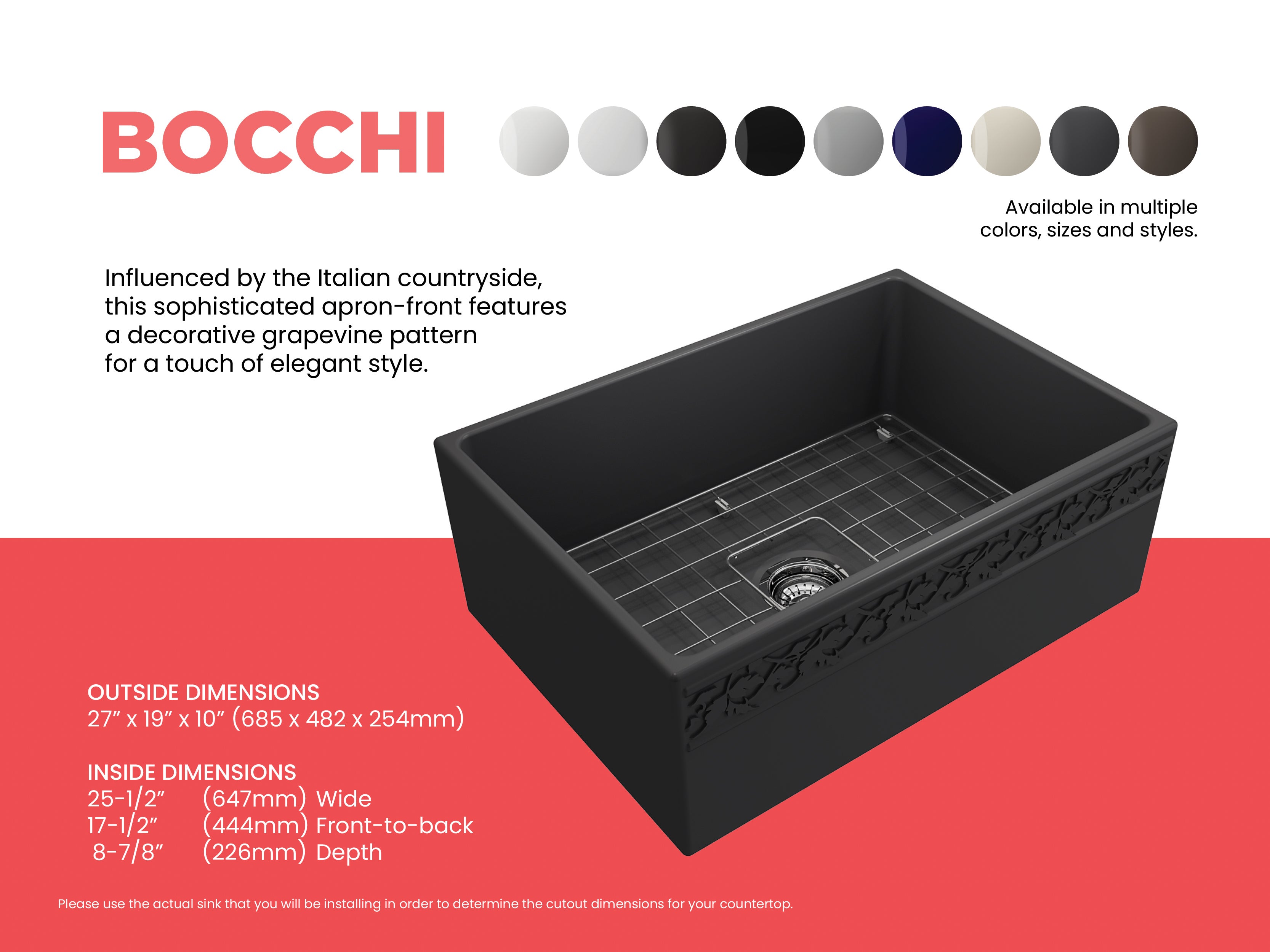 Alternate Image for BOCCHI Vigneto 27" Fireclay Farmhouse Apron Single Bowl Kitchen Sink, Matte Dark Gray, 1357-020-0120