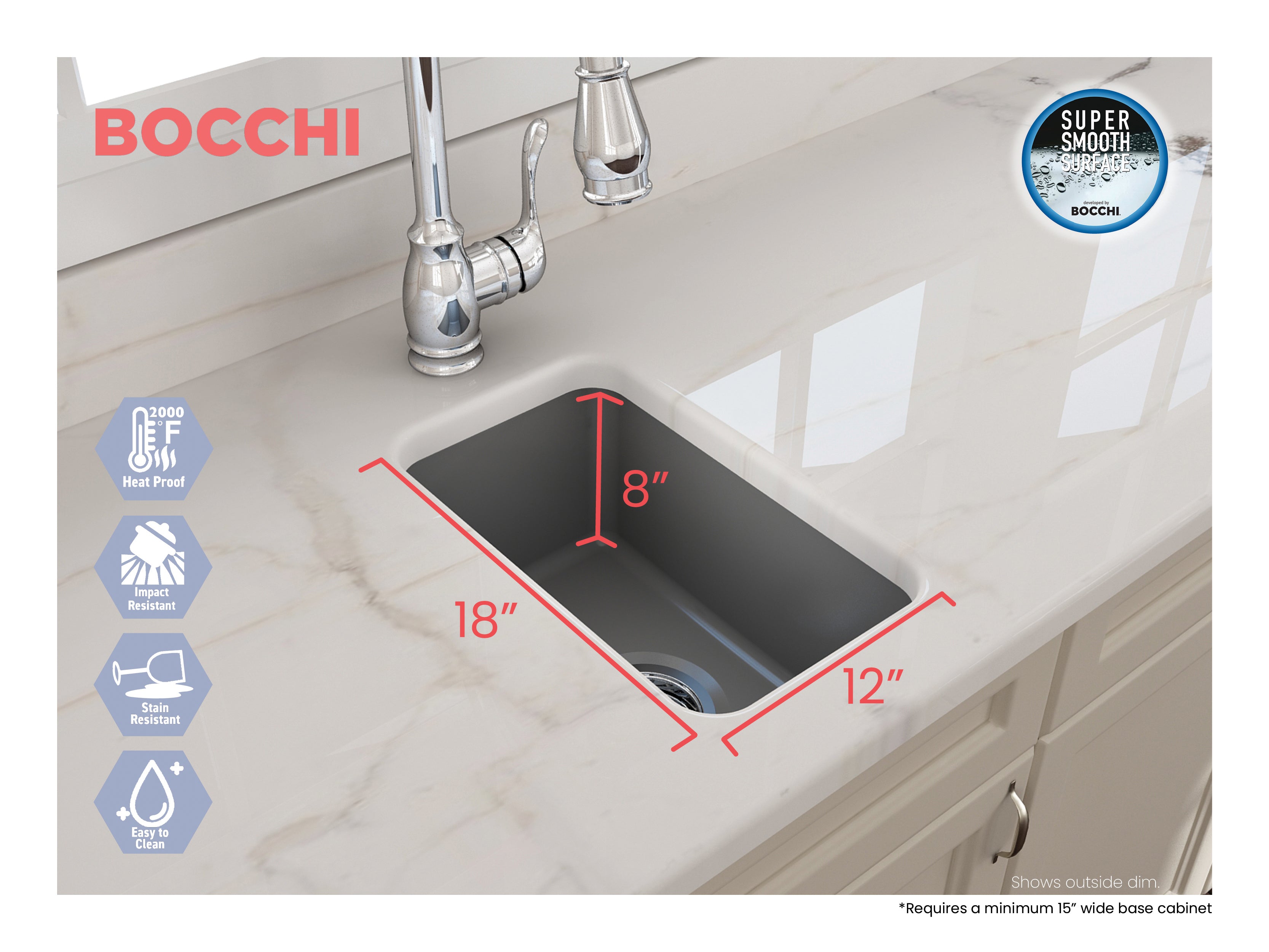BOCCHI Sotto 12" Fireclay Undermount Single Bowl Bar Sink with Strainer, Matte Gray, 1358-006-0120