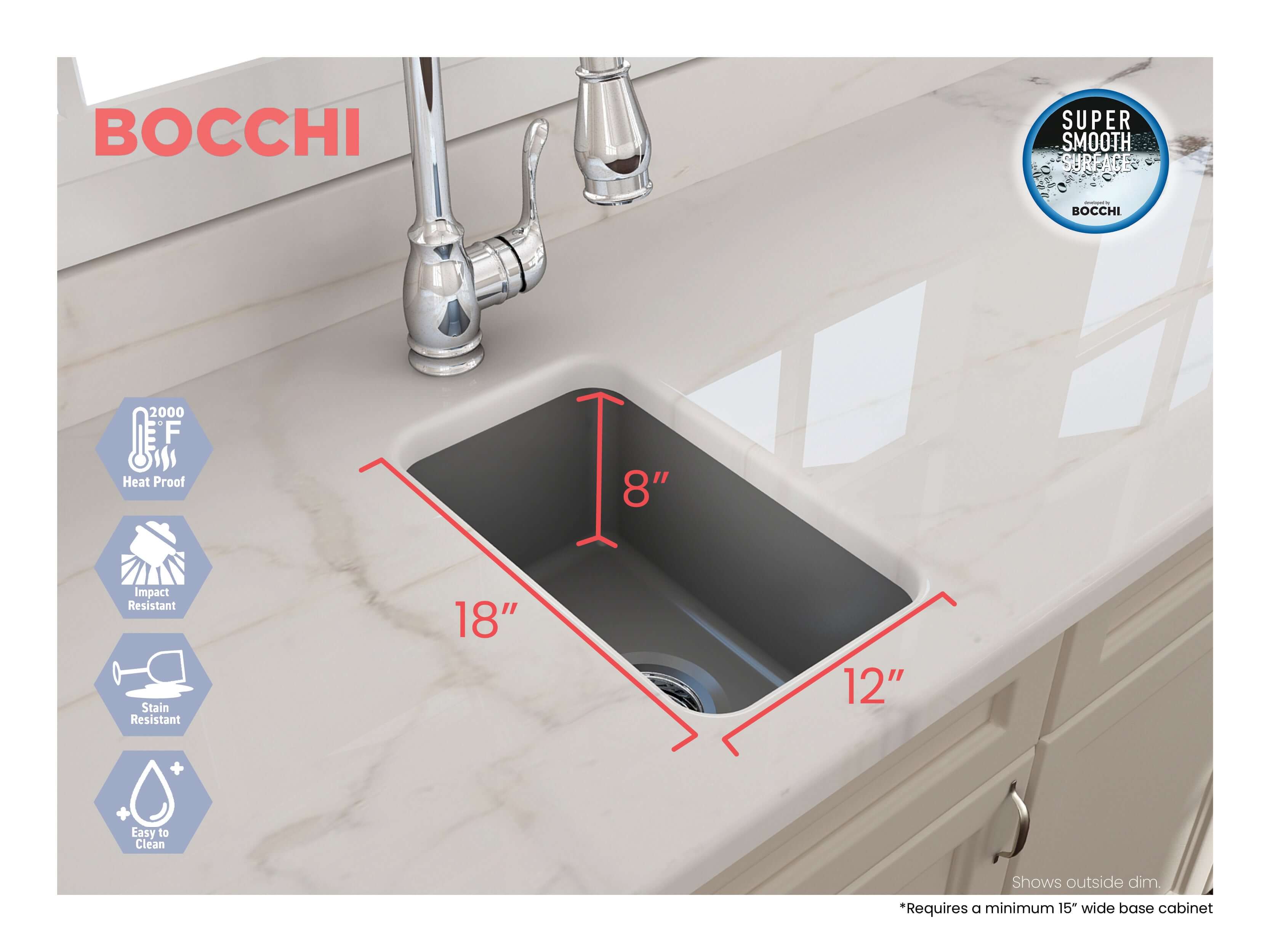 Alternate Image for BOCCHI Sotto 12" Fireclay Undermount Single Bowl Bar Sink with Strainer, Matte Gray, 1358-006-0120