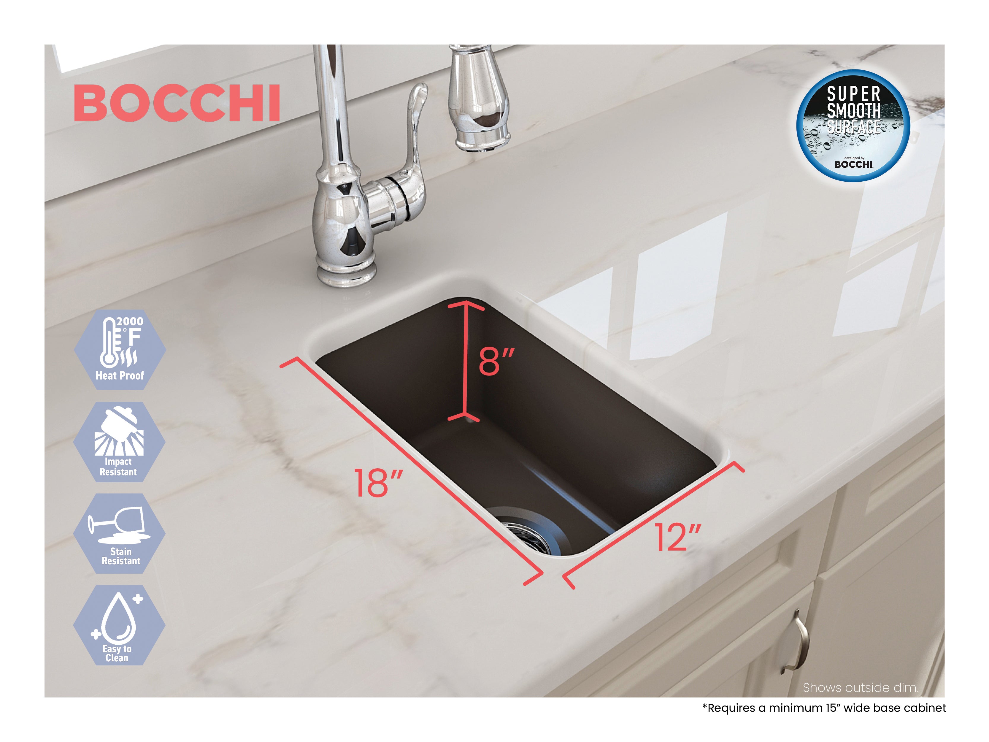 BOCCHI Sotto 12" Fireclay Undermount Single Bowl Bar Sink with Strainer, Matte Brown, 1358-025-0120