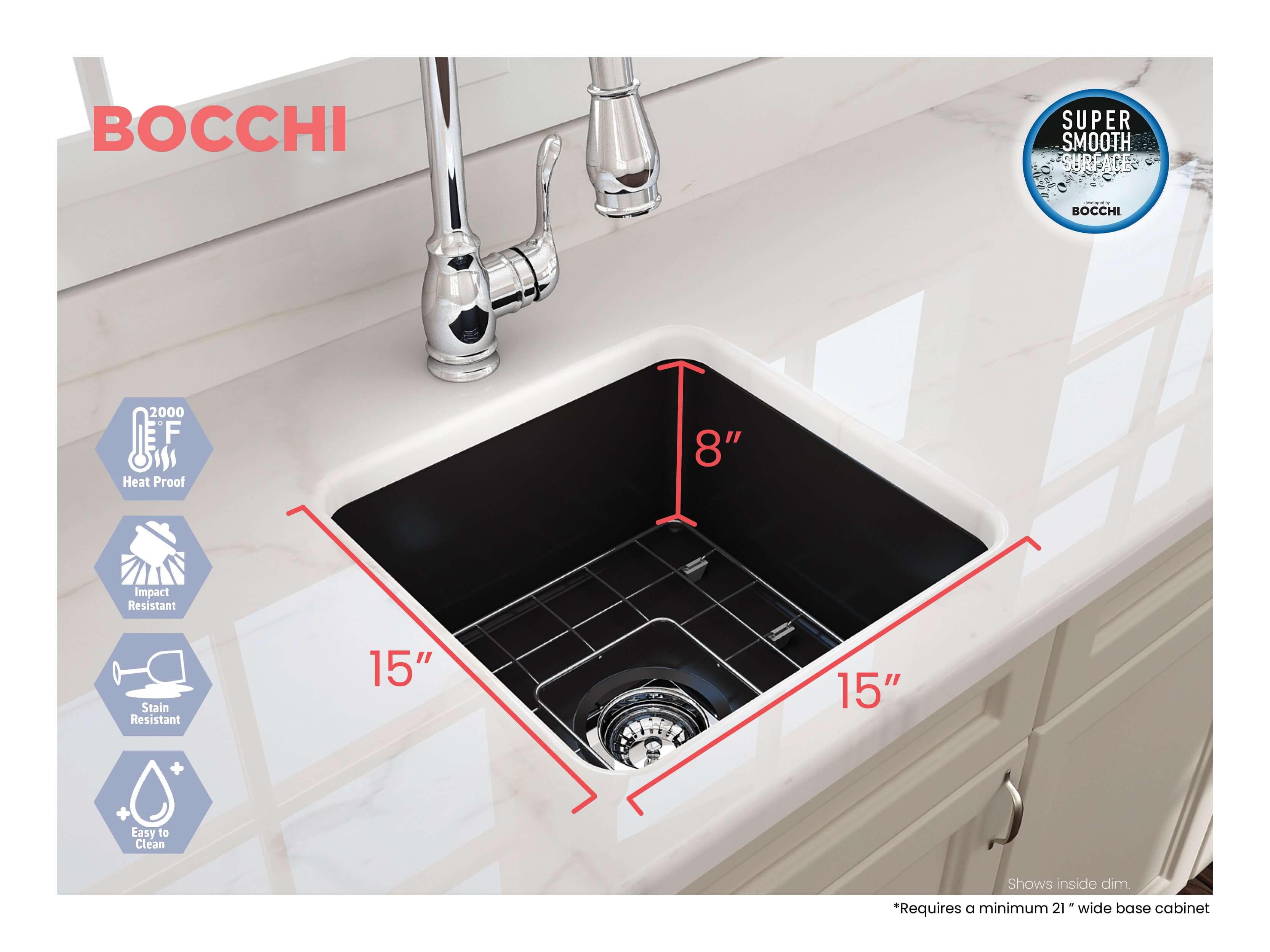 Alternate Image for BOCCHI Sotto 18" Fireclay Undermount Single Bowl Bar Sink with Protective Bottom Grid and Strainer, Matte Black, 1359-004-0120