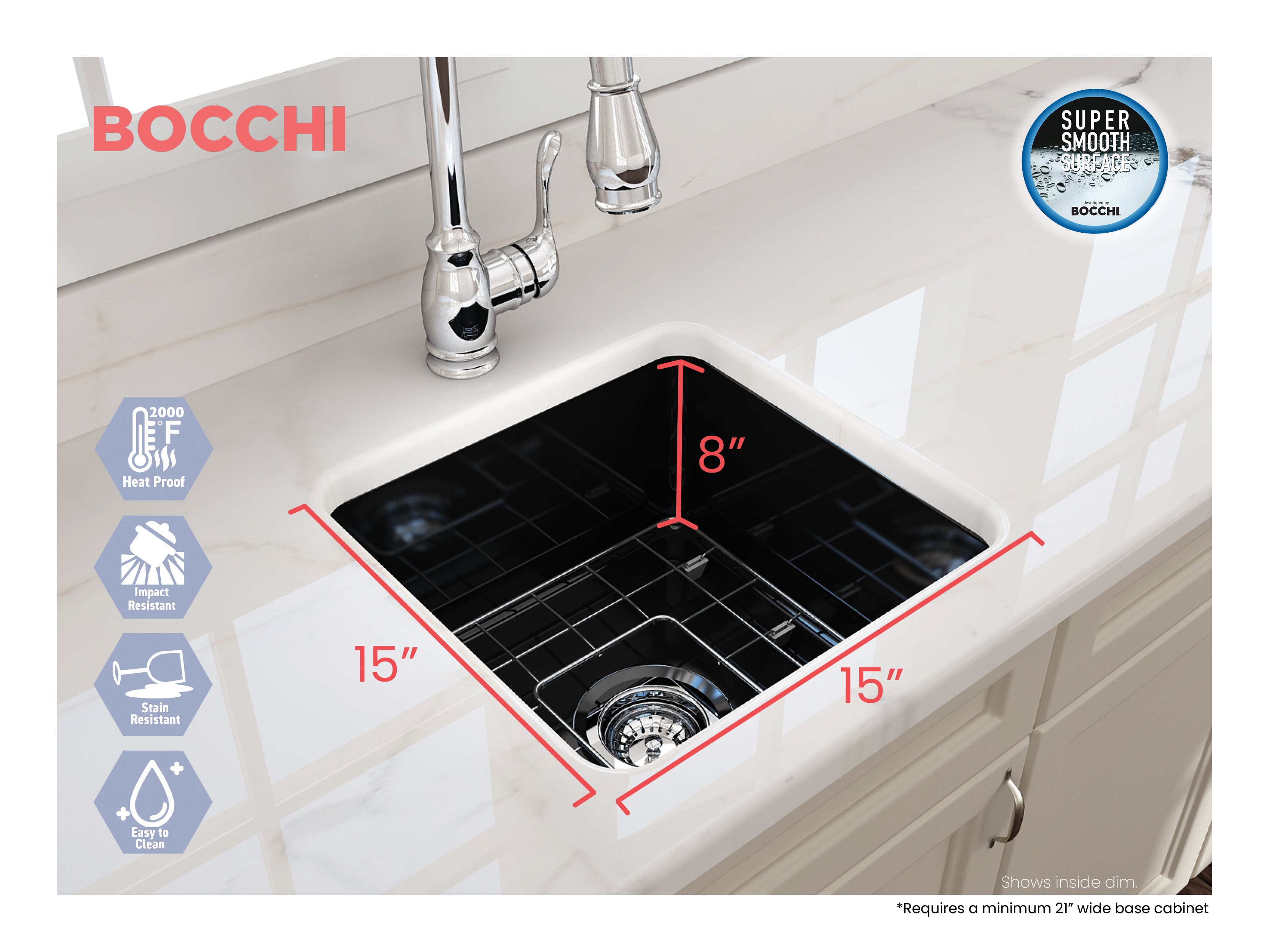 BOCCHI Sotto 18" Fireclay Undermount Single Bowl Bar Sink with Protective Bottom Grid and Strainer, Black, 1359-005-0120