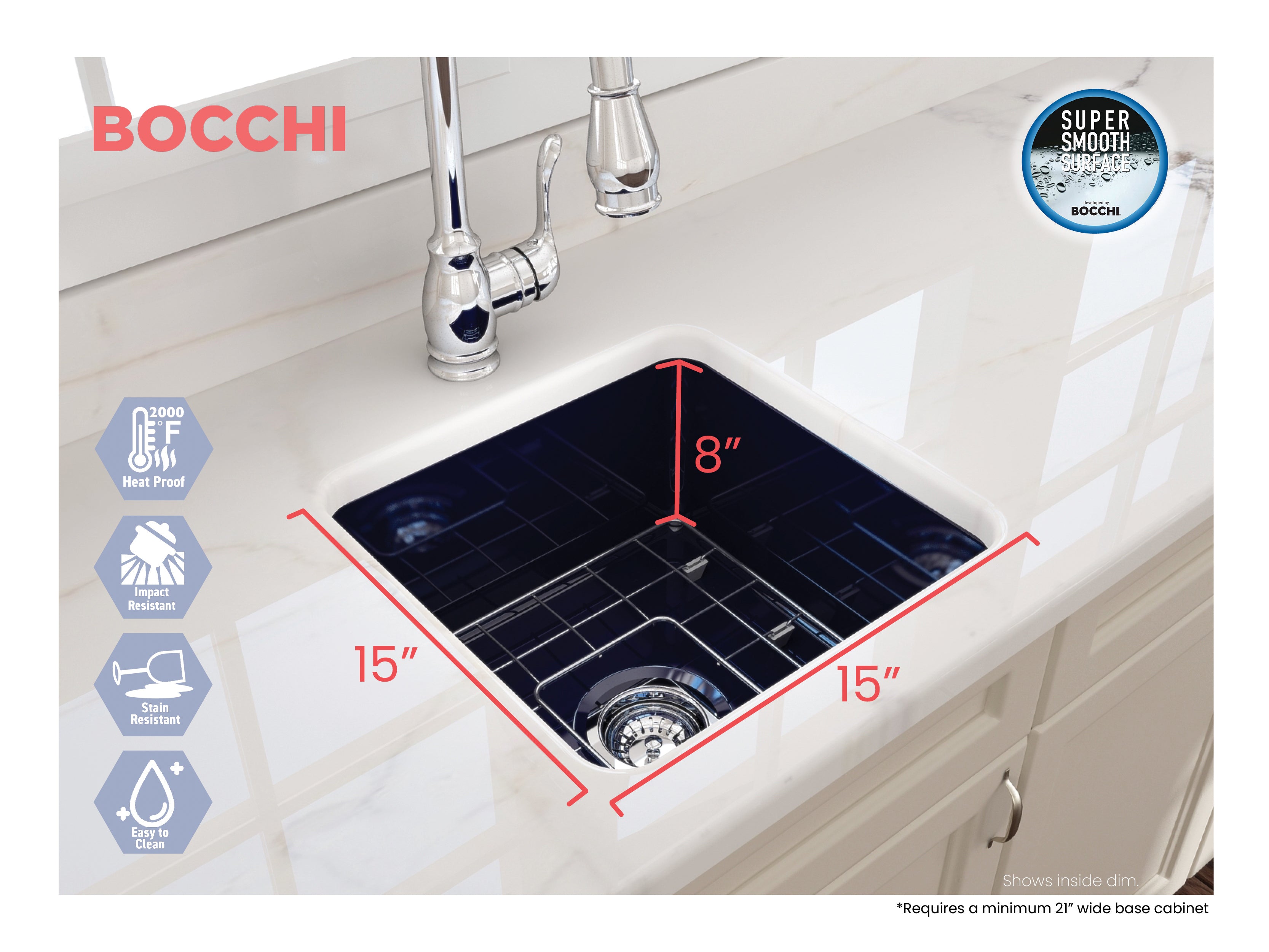 BOCCHI Sotto 18" Fireclay Undermount Single Bowl Bar Sink with Protective Bottom Grid and Strainer, Sapphire Blue, 1359-010-0120