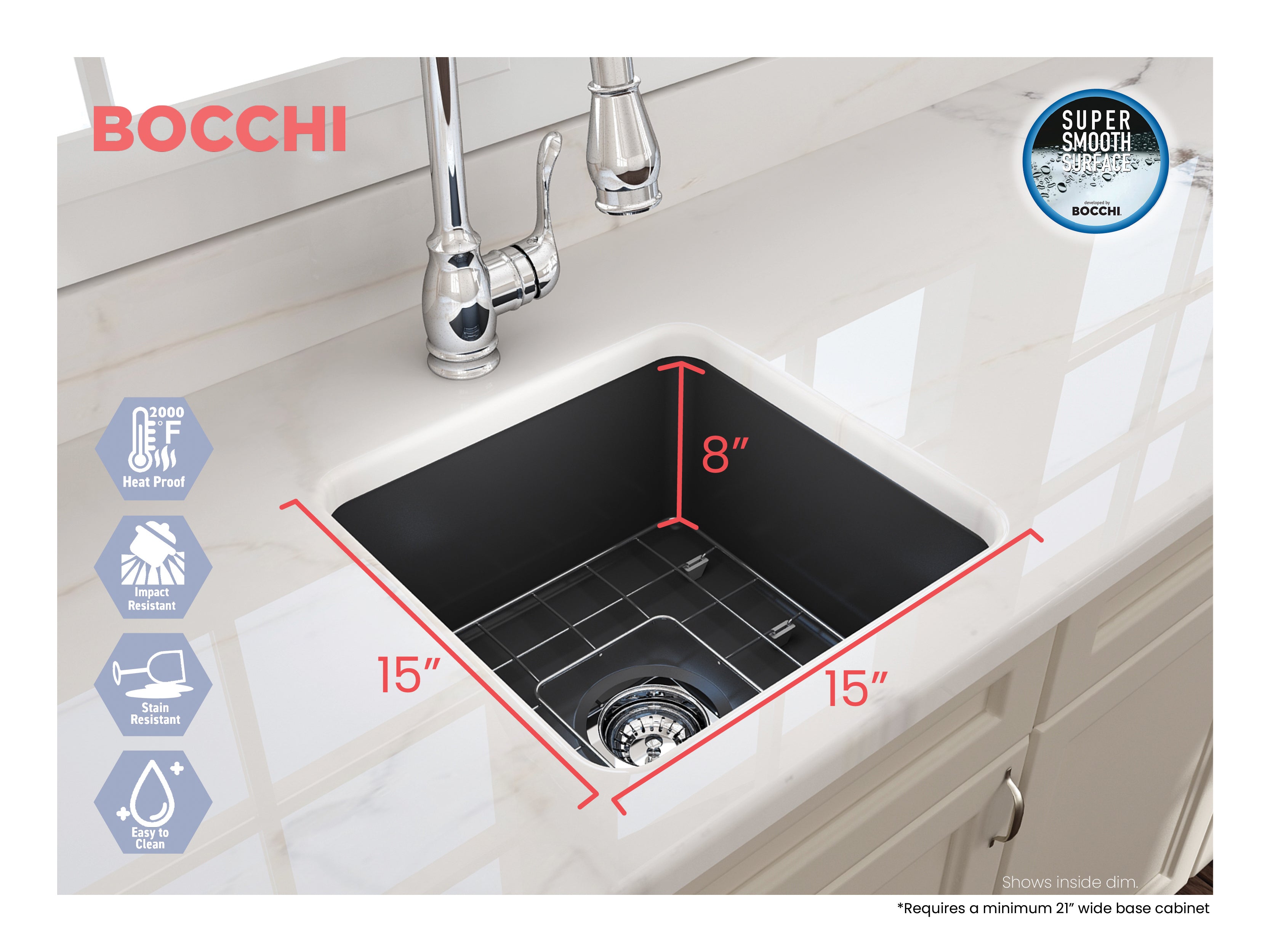 BOCCHI Sotto 18" Fireclay Undermount Single Bowl Bar Sink with Protective Bottom Grid and Strainer, Matte Dark Gray, 1359-020-0120
