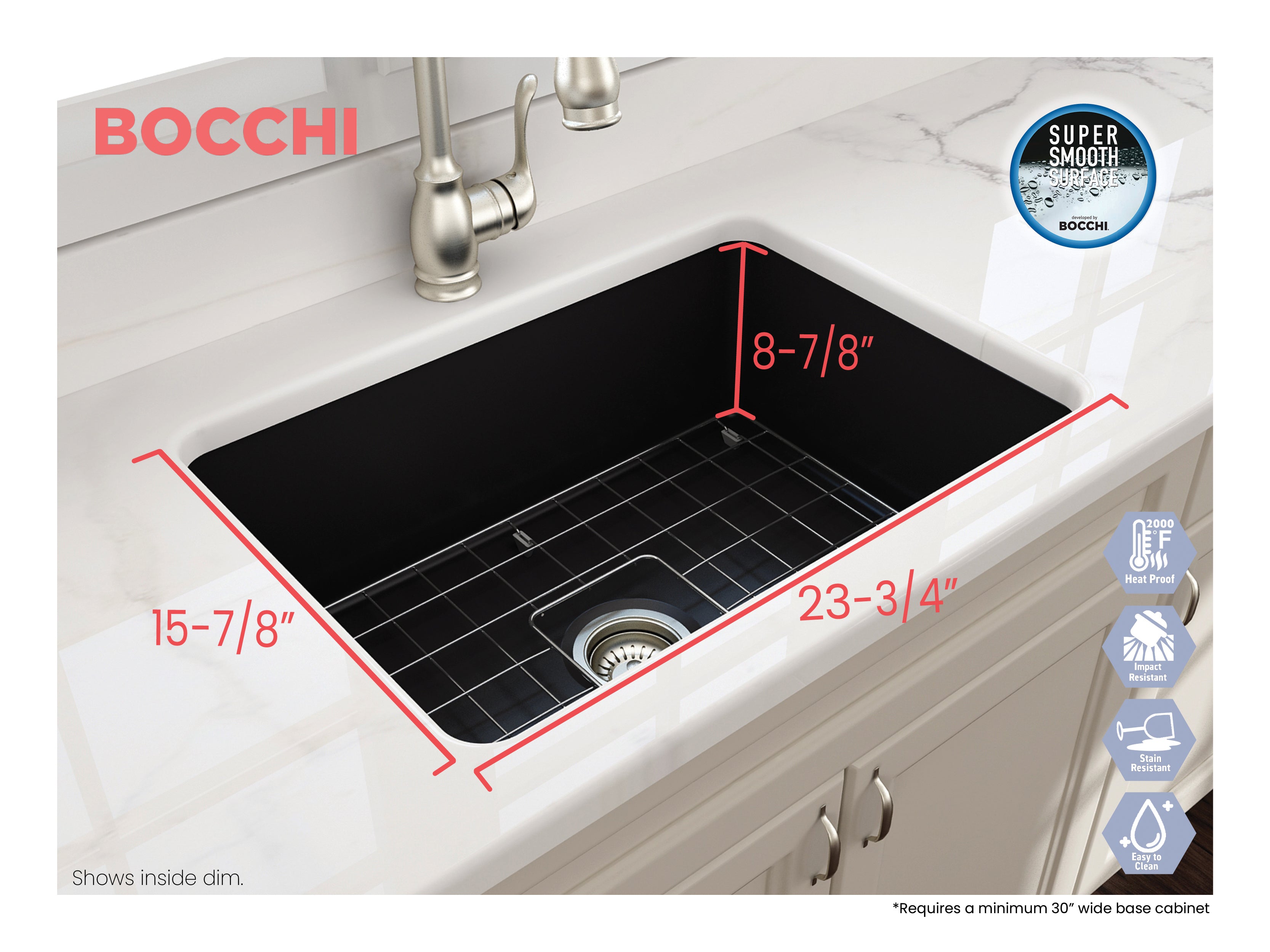 BOCCHI Sotto 27" Fireclay Dual Mount Single Bowl Kitchen Sink, Matte Black, 1360-004-0120