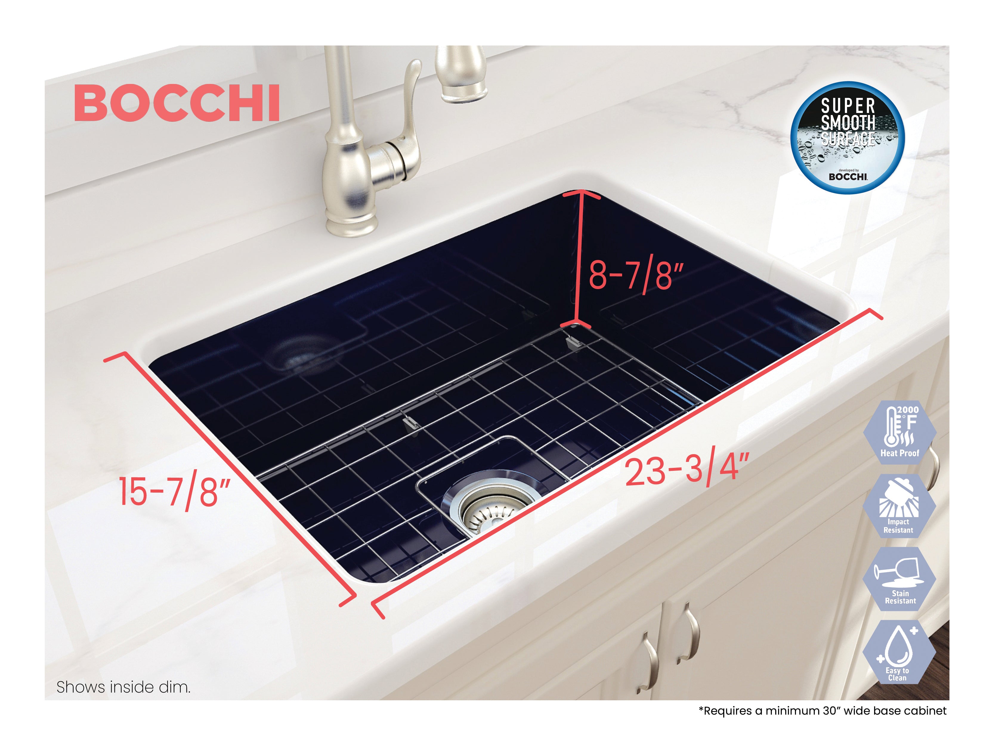 BOCCHI Sotto 27" Fireclay Dual Mount Single Bowl Kitchen Sink, Sapphire Blue, 1360-010-0120