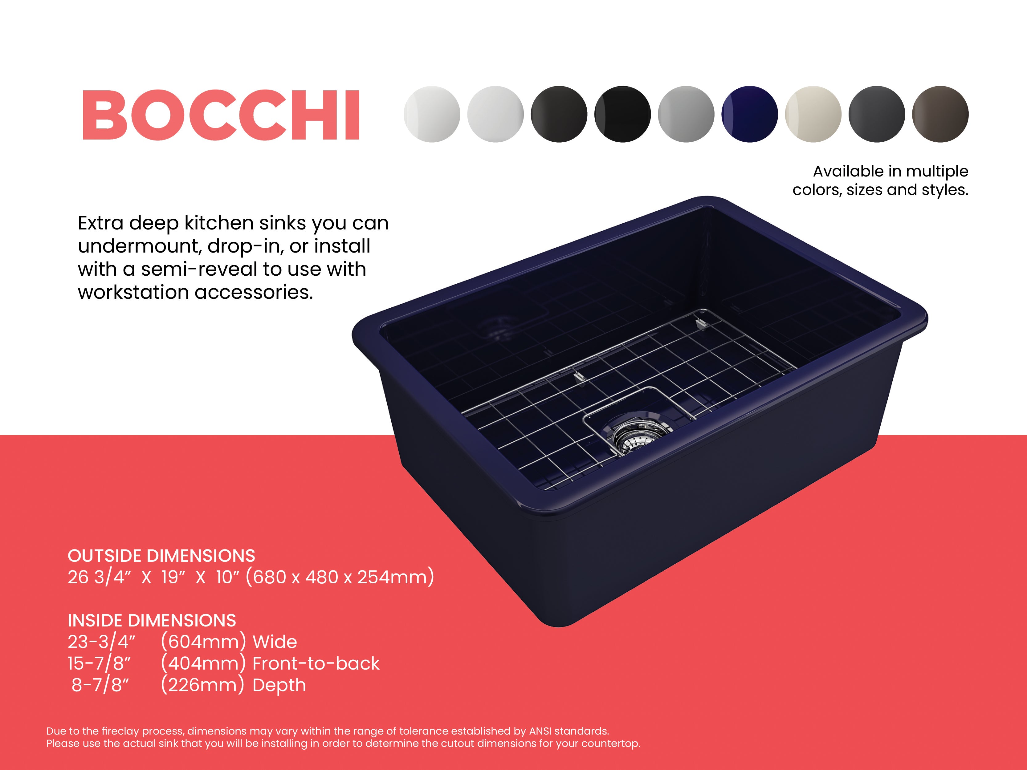 Alternate Image for BOCCHI Sotto 27" Fireclay Dual Mount Single Bowl Kitchen Sink, Sapphire Blue, 1360-010-0120