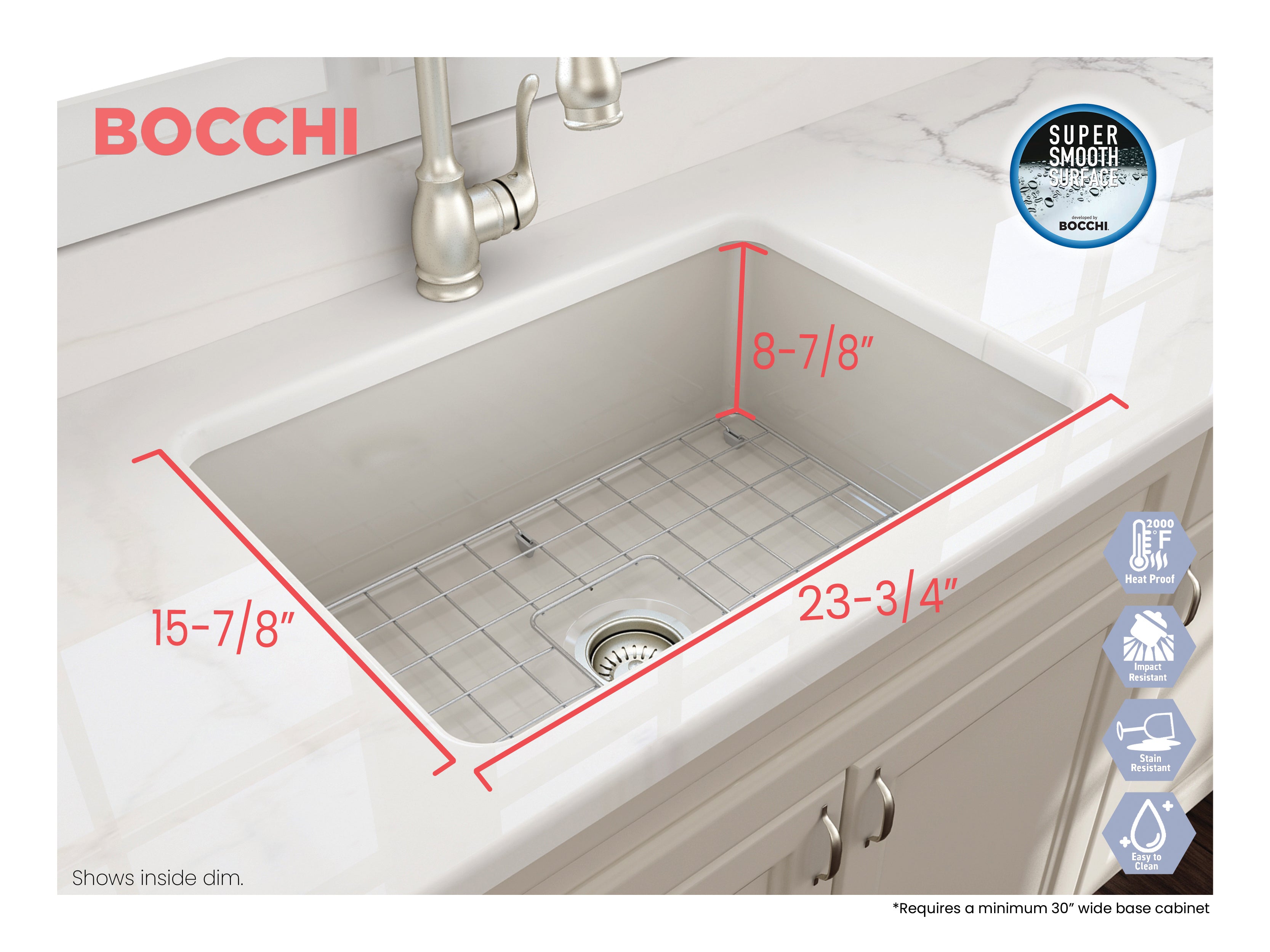 BOCCHI Sotto 27" Fireclay Dual Mount Single Bowl Kitchen Sink, Biscuit, 1360-014-0120