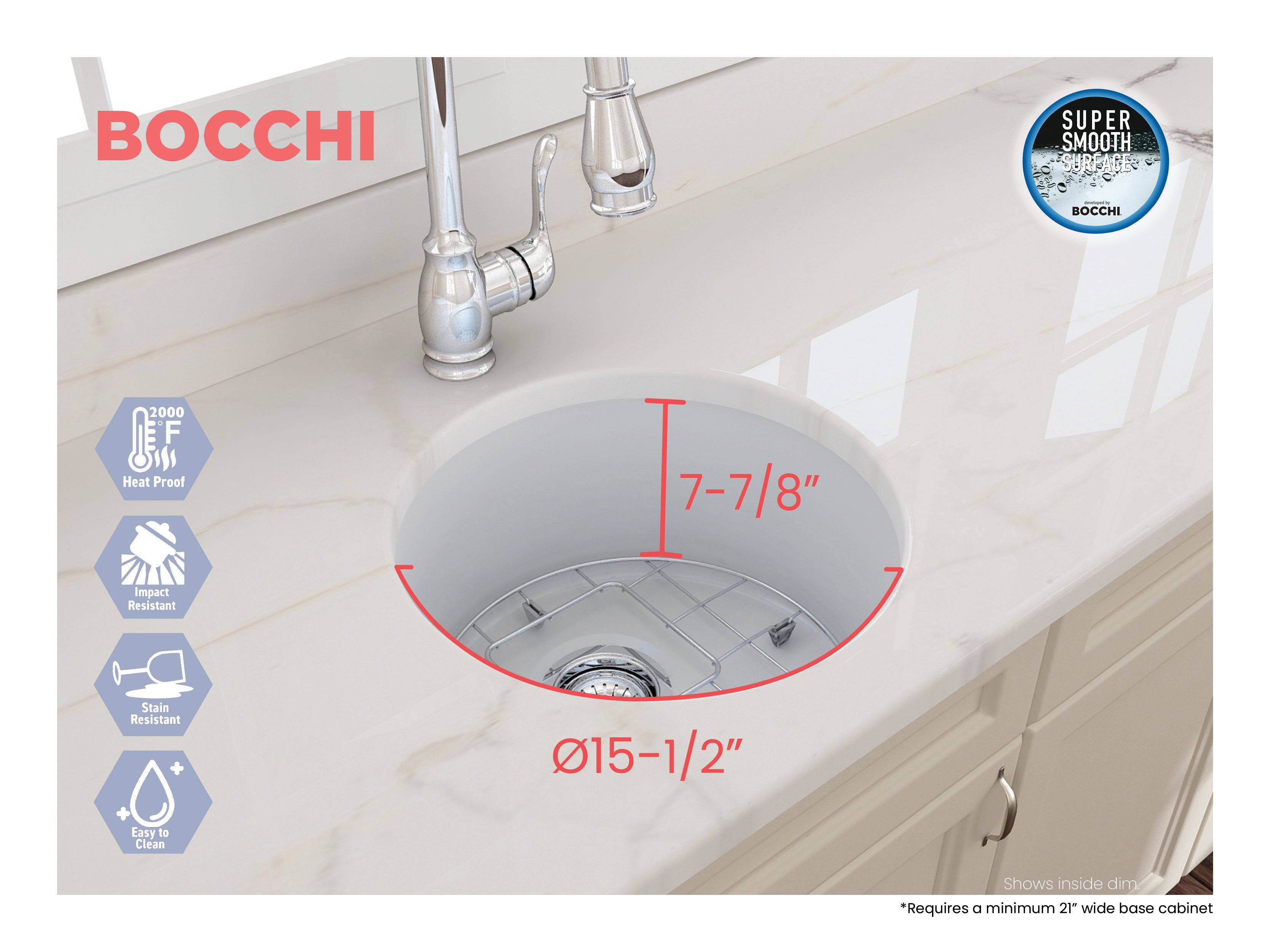 Alternate Image for BOCCHI Sotto 18.5" Round Fireclay Undermount Single Bowl Bar Sink with Protective Bottom Grid and Strainer, Matte White, 1361-002-0120