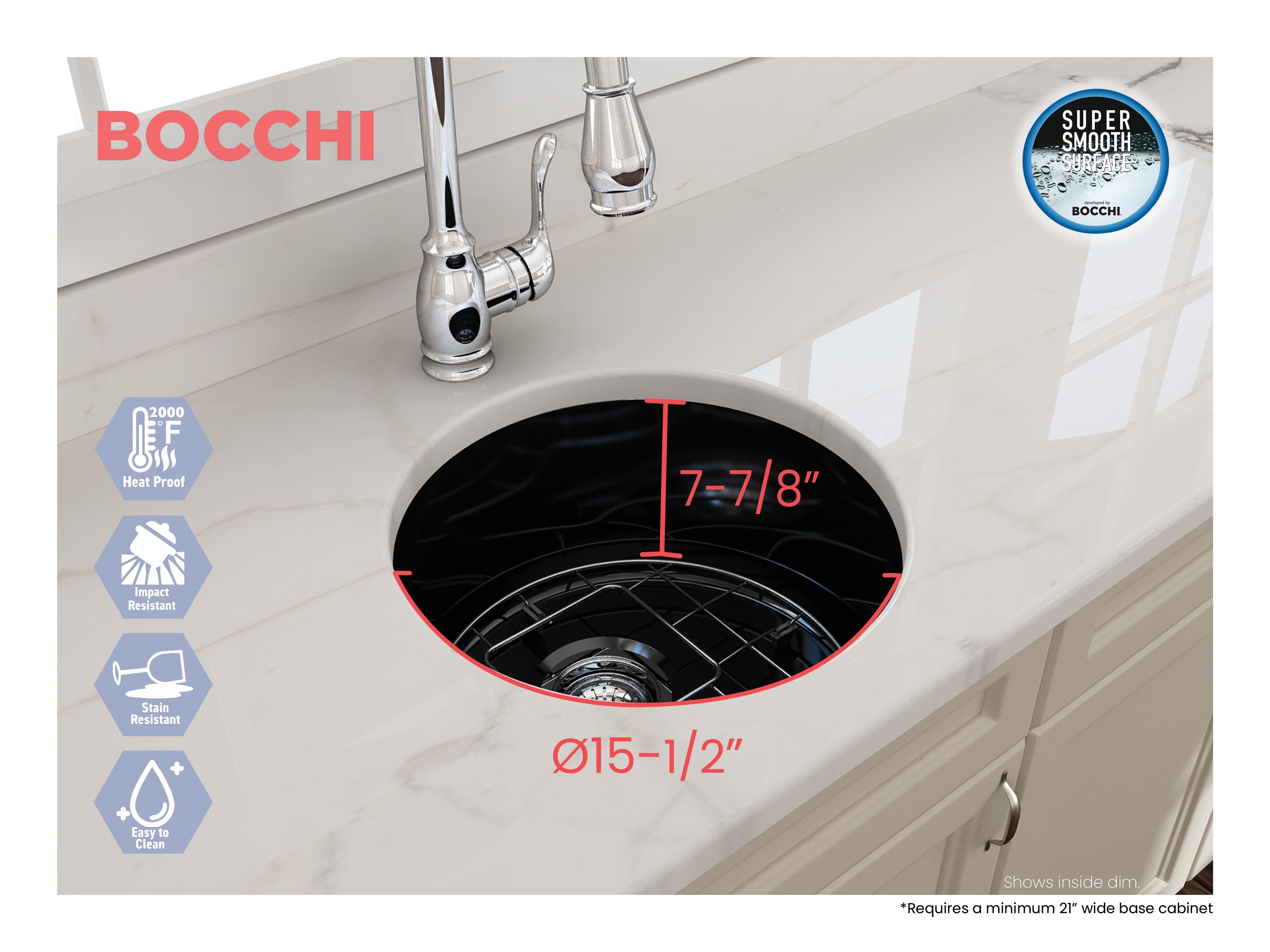 Alternate Image for BOCCHI Sotto 18.5" Round Fireclay Undermount Single Bowl Bar Sink with Protective Bottom Grid and Strainer, Black, 1361-005-0120