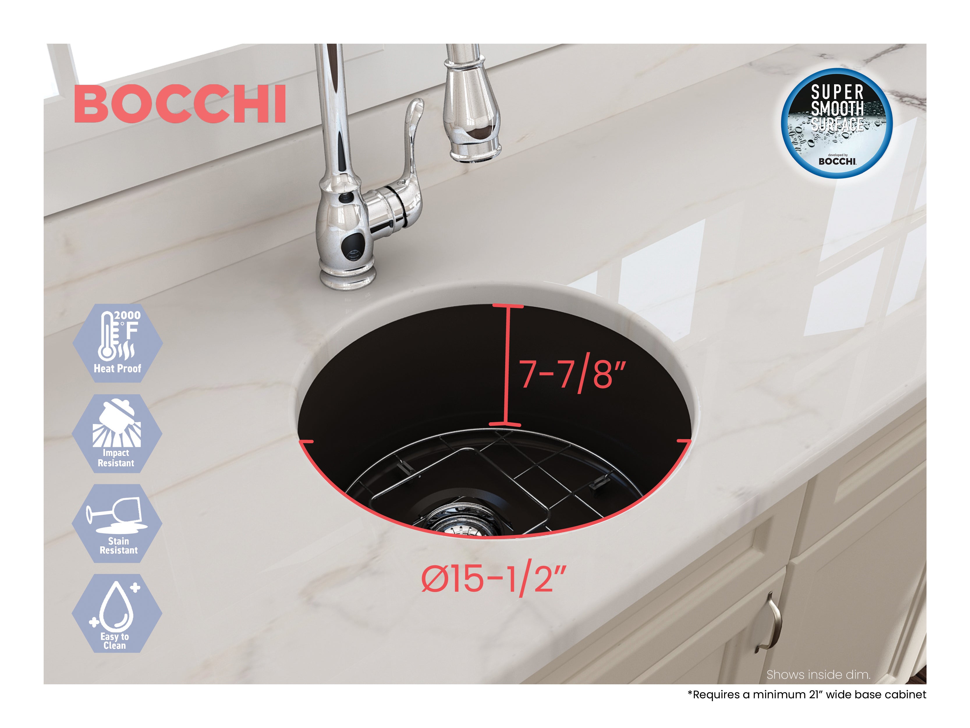 Alternate Image for BOCCHI Sotto 18.5" Round Fireclay Undermount Single Bowl Bar Sink with Protective Bottom Grid and Strainer, Matte Brown, 1361-025-0120