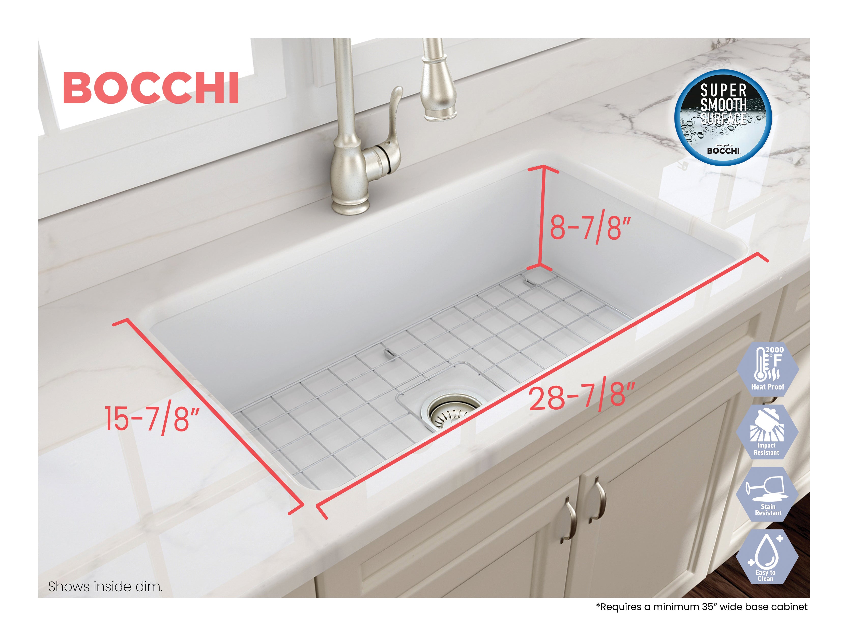 BOCCHI Sotto 32" Fireclay Undermount Single Bowl Kitchen Sink, Matte White, 1362-002-0120