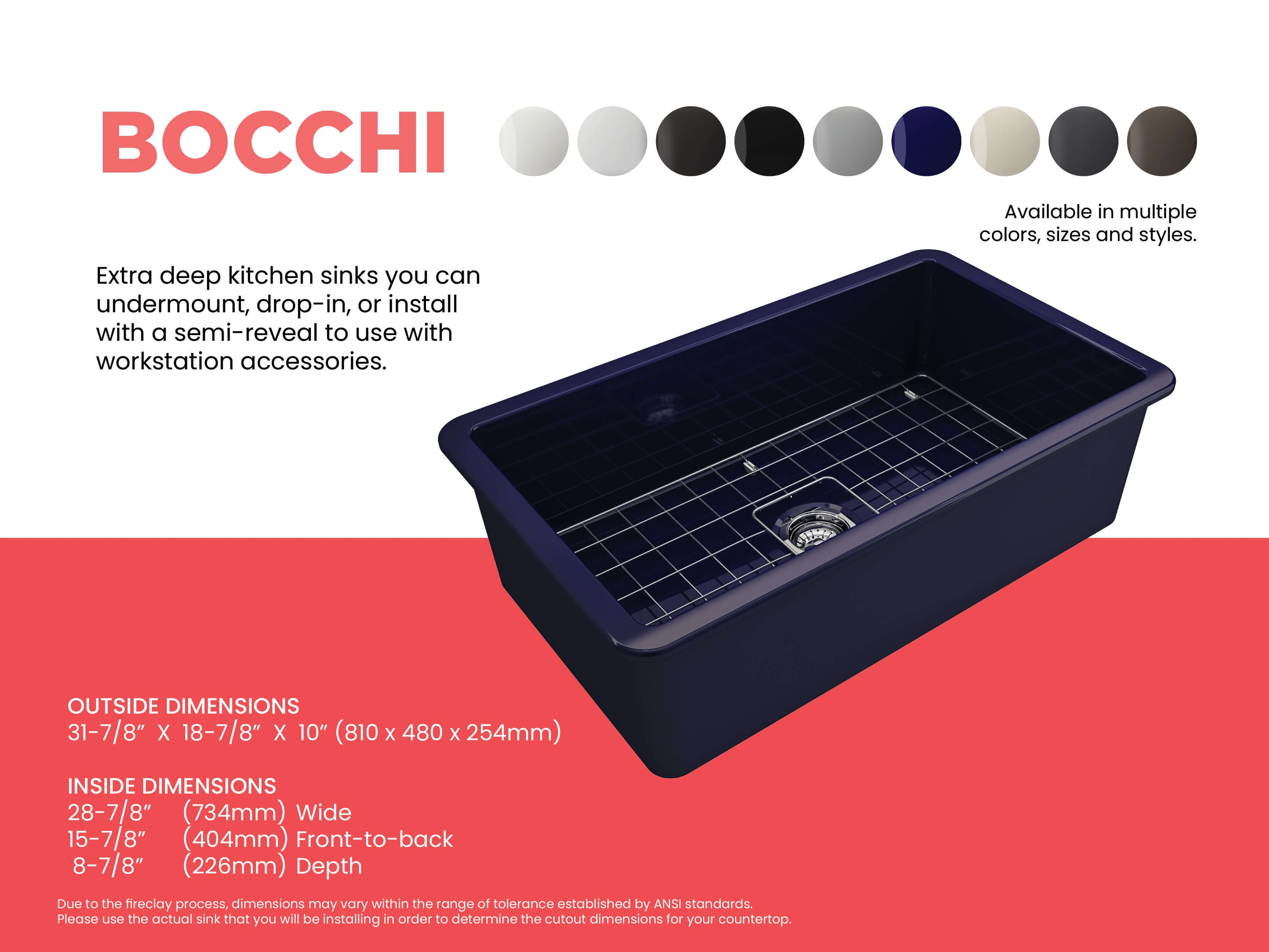 Alternate Image for BOCCHI Sotto 32" Fireclay Undermount Single Bowl Kitchen Sink, Sapphire Blue, 1362-010-0120