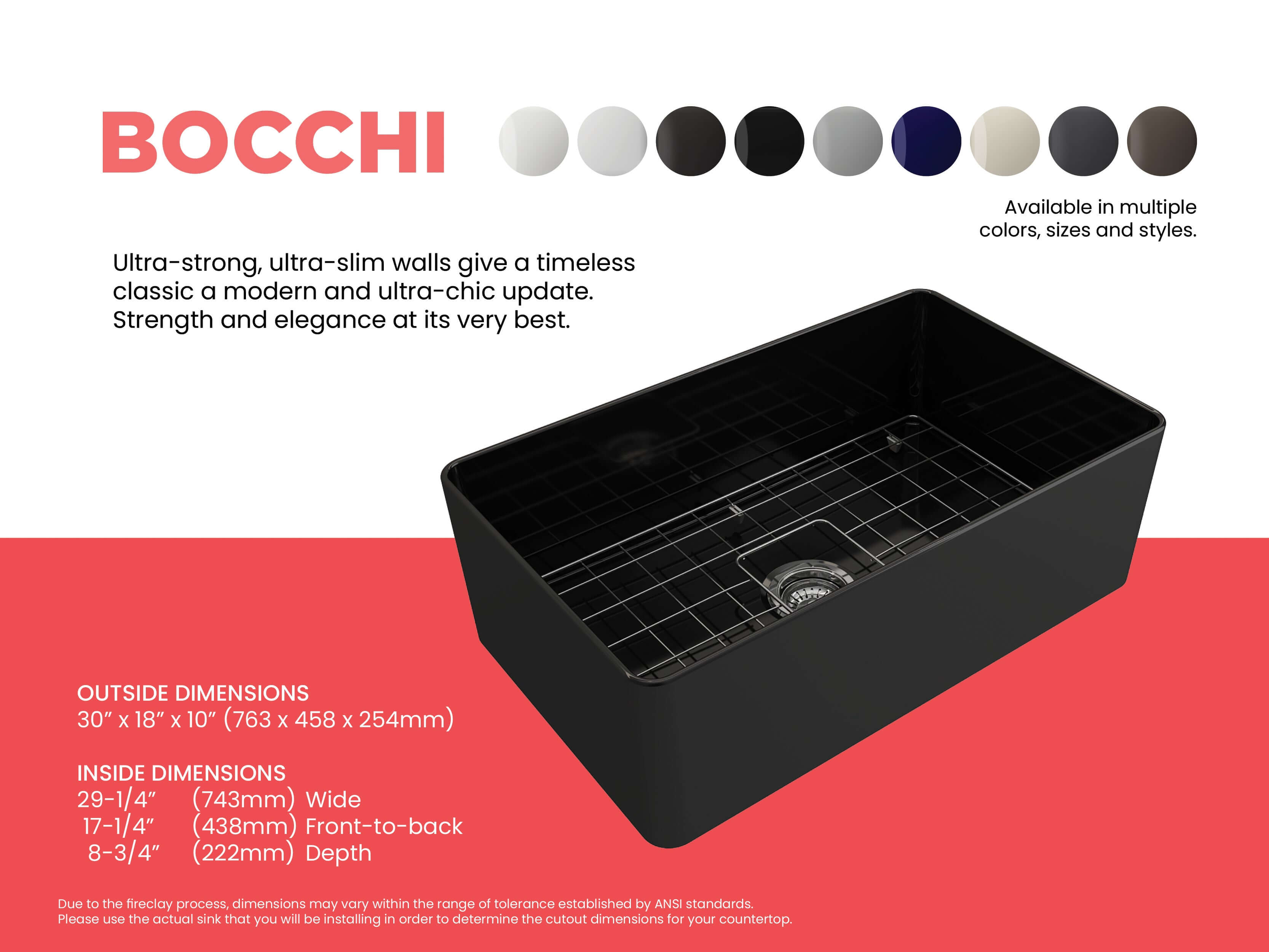 BOCCHI Aderci Ultra-Slim 30" Fireclay Farmhouse Sink, Black, 1481-005-0120