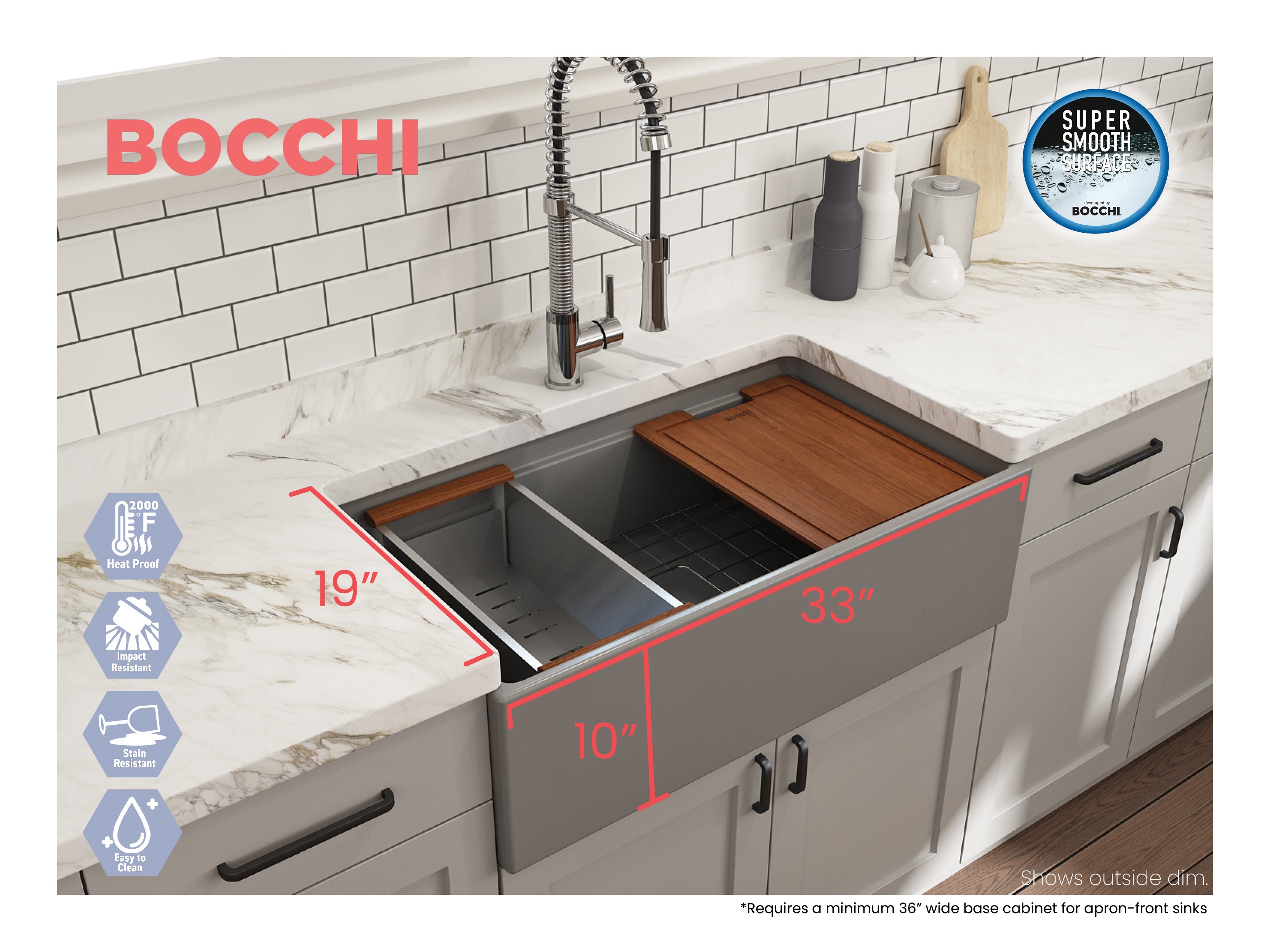 BOCCHI Contempo 33" Fireclay Workstation Farmhouse Sink with Accessories, Matte Gray, 1504-006-0120