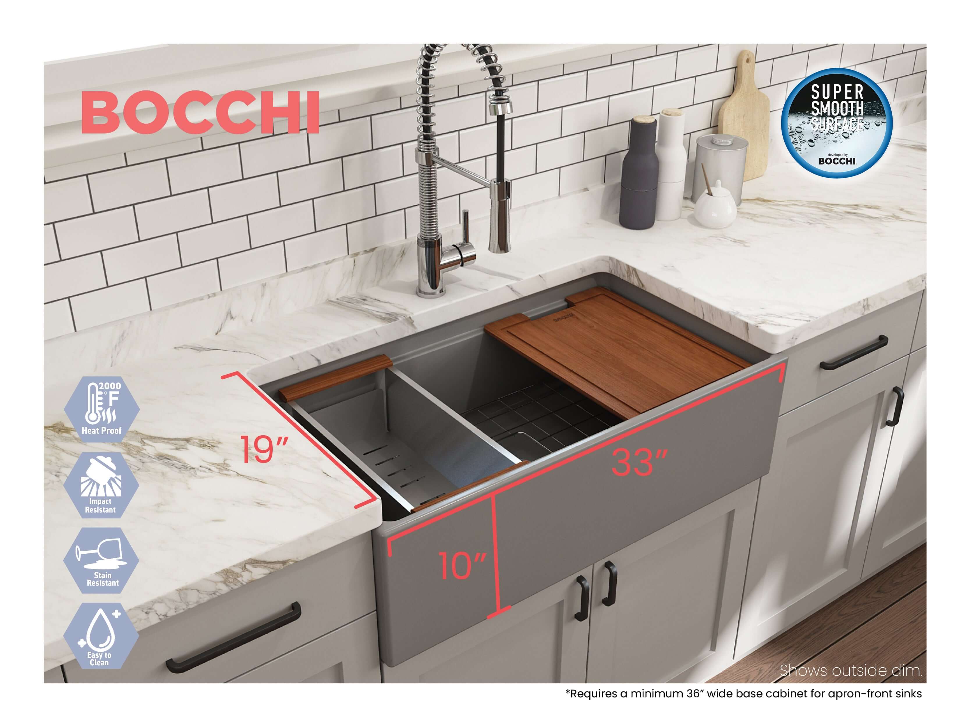 Alternate Image for BOCCHI Contempo 33" Fireclay Workstation Farmhouse Sink with Accessories, Matte Gray, 1504-006-0120