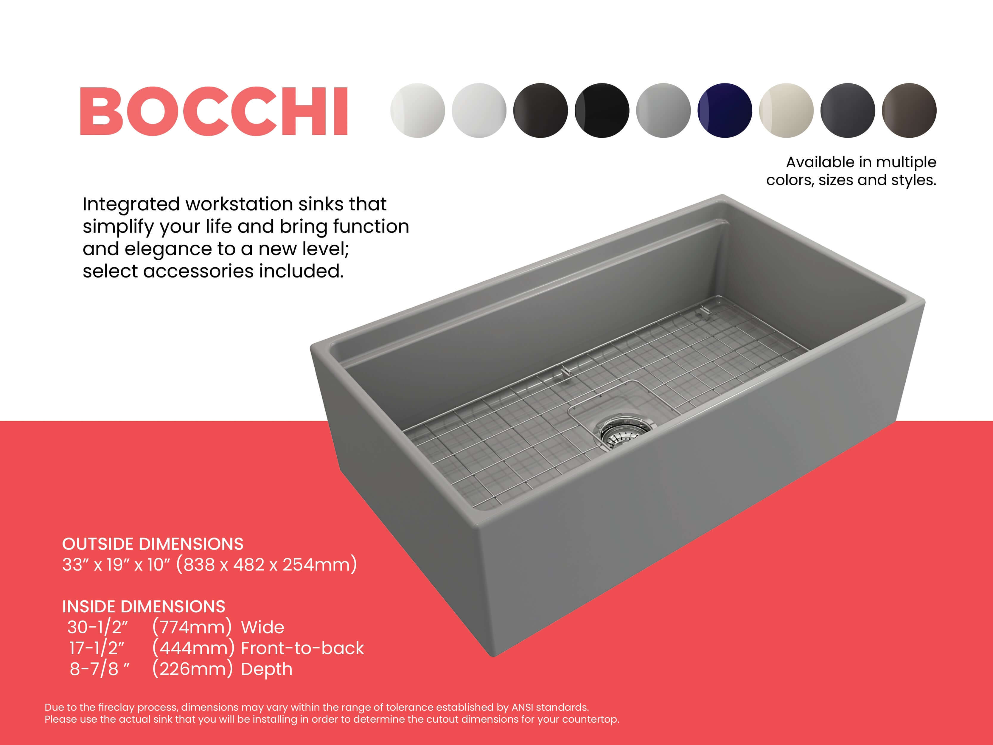 Alternate Image for BOCCHI Contempo 33" Fireclay Workstation Farmhouse Sink with Accessories, Matte Gray, 1504-006-0120