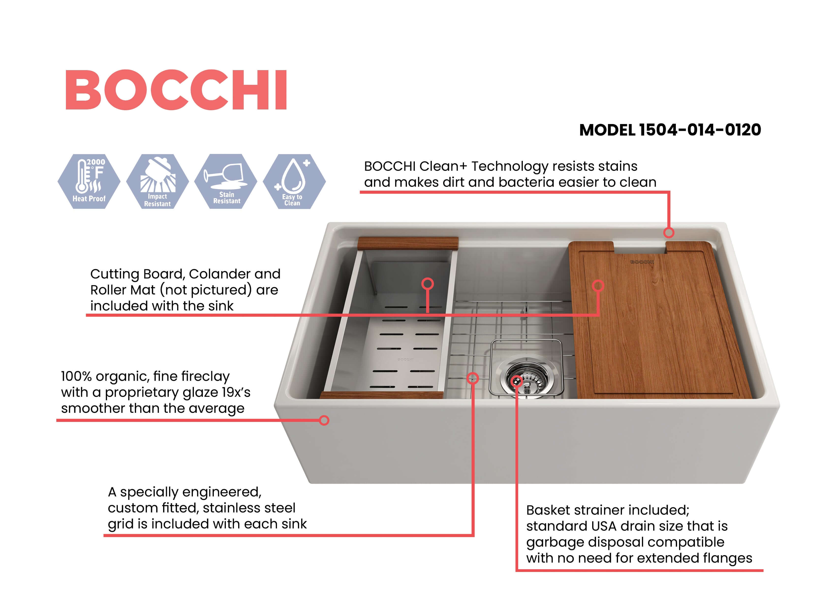 Alternate Image for BOCCHI Contempo 33" Fireclay Workstation Farmhouse Sink with Accessories, Biscuit, 1504-014-0120
