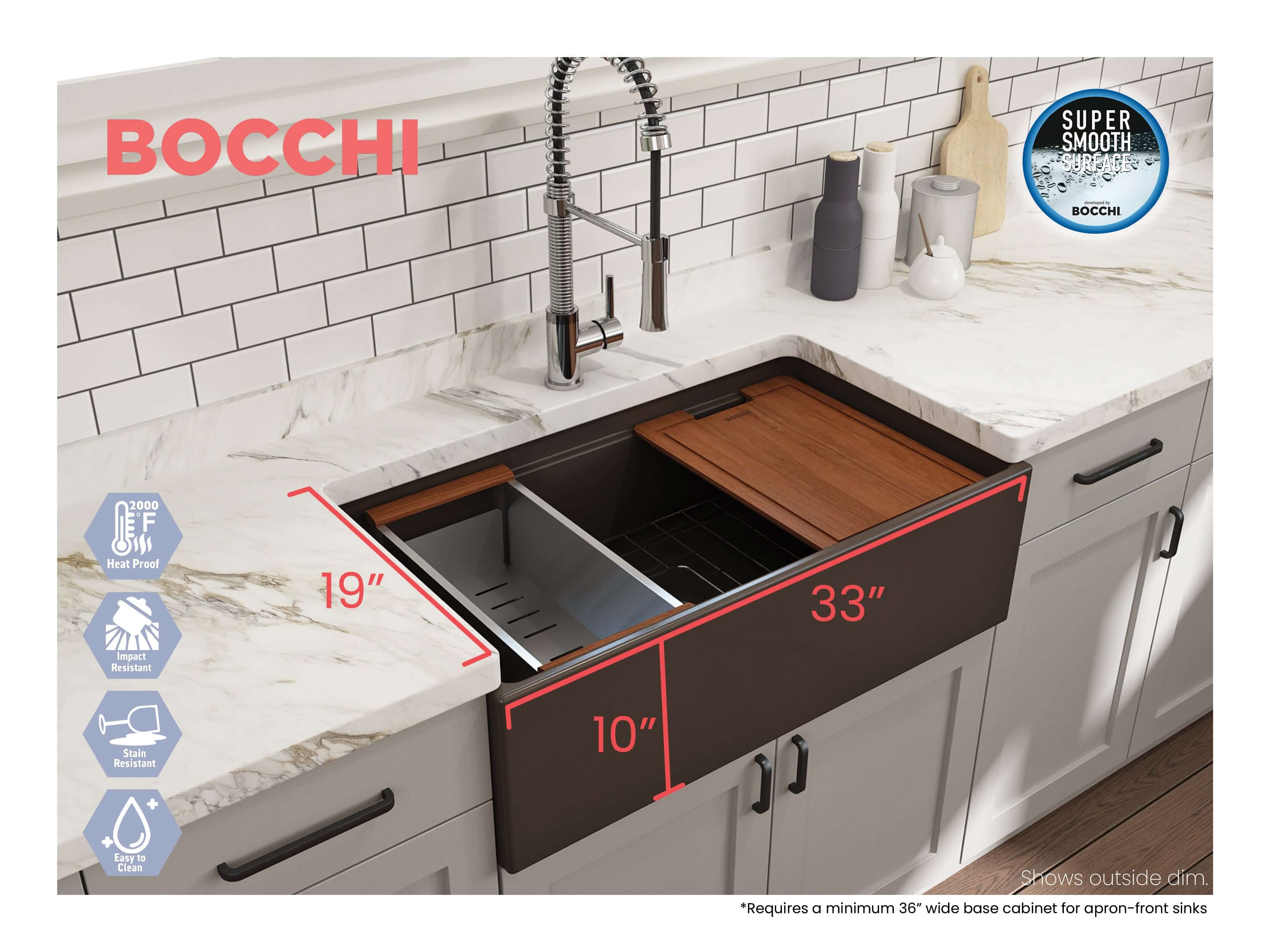 Alternate Image for BOCCHI Contempo 33" Fireclay Workstation Farmhouse Sink with Accessories, Matte Brown, 1504-025-0120