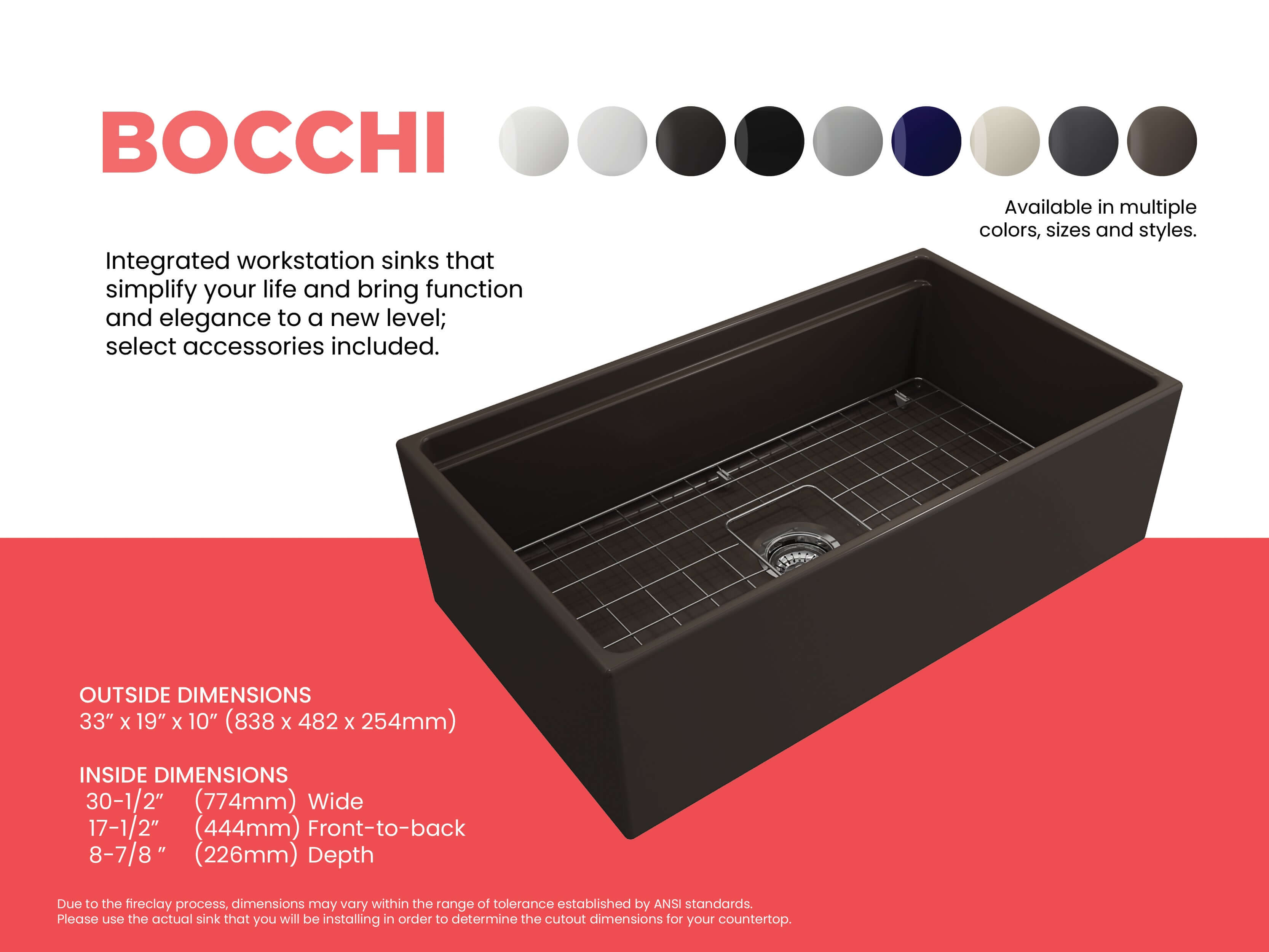 Alternate Image for BOCCHI Contempo 33" Fireclay Workstation Farmhouse Sink with Accessories, Matte Brown, 1504-025-0120