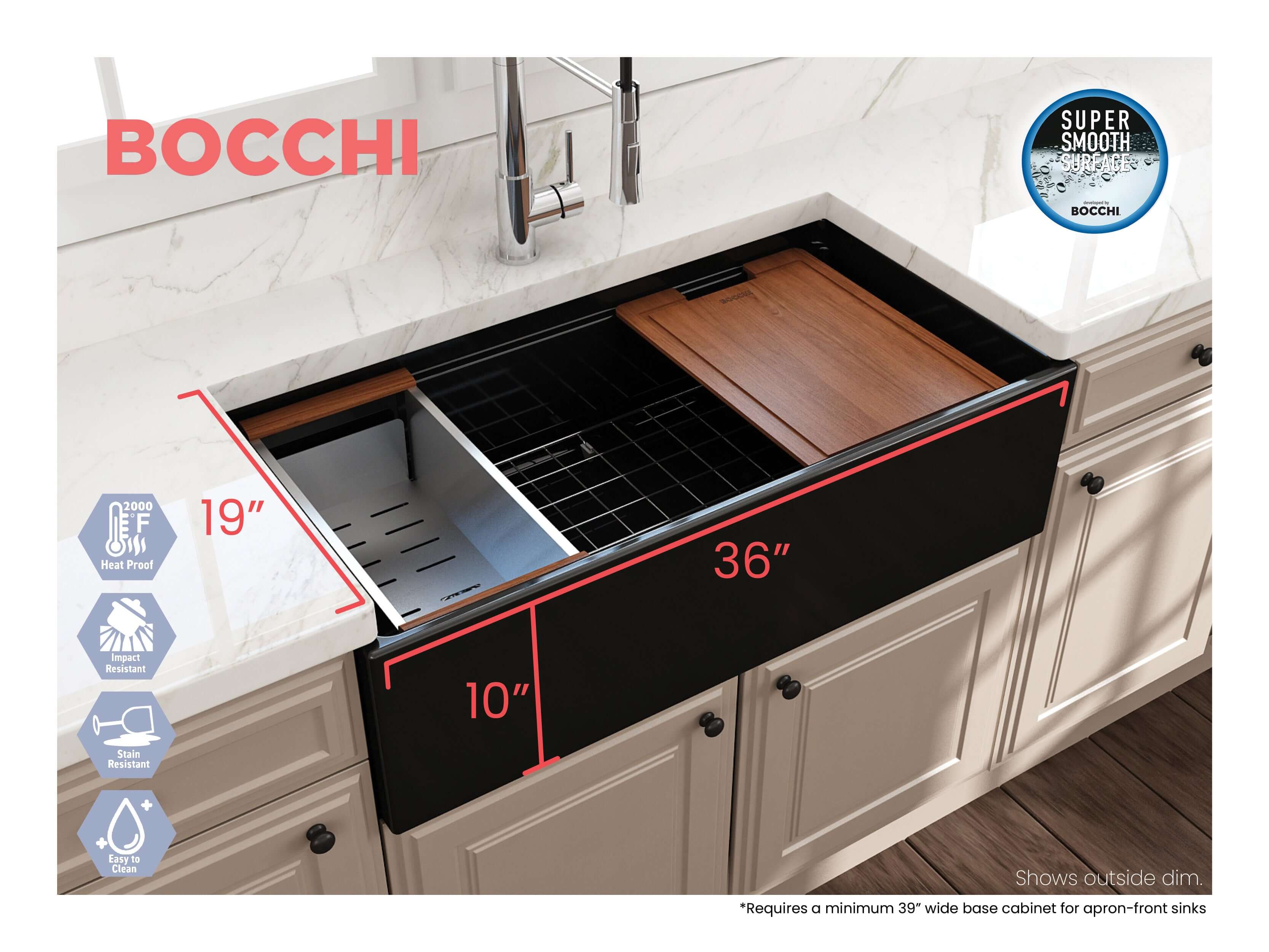 Alternate Image for BOCCHI Contempo 36" Fireclay Workstation Farmhouse Sink with Accessories, Black, 1505-005-0120