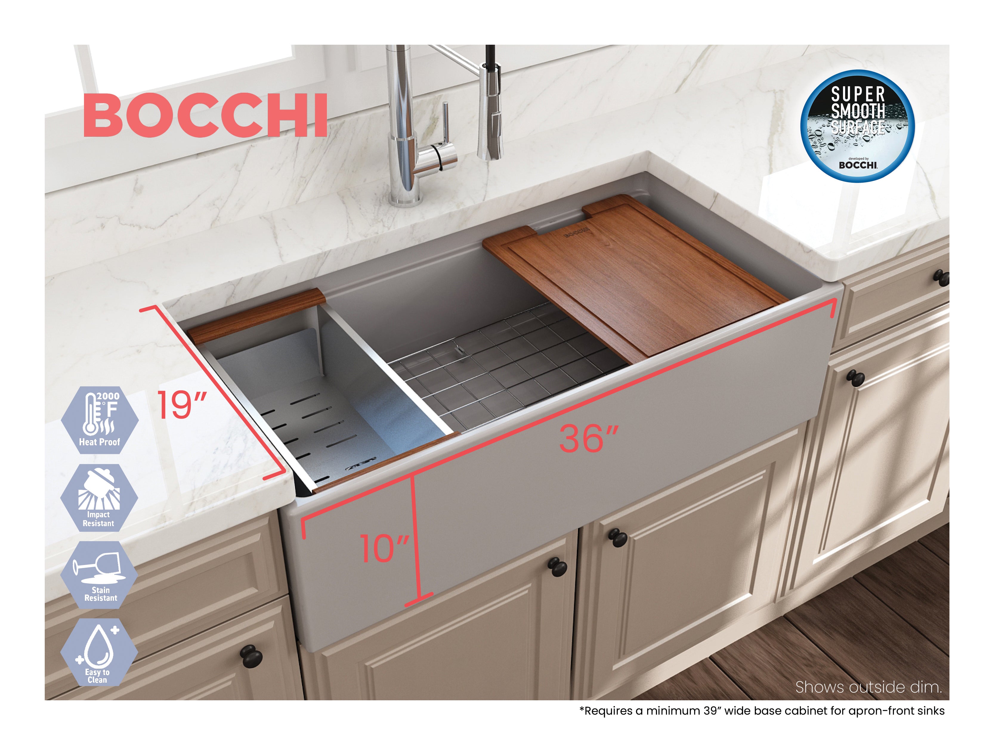 BOCCHI Contempo 36" Fireclay Workstation Farmhouse Sink with Accessories, Matte Gray, 1505-006-0120