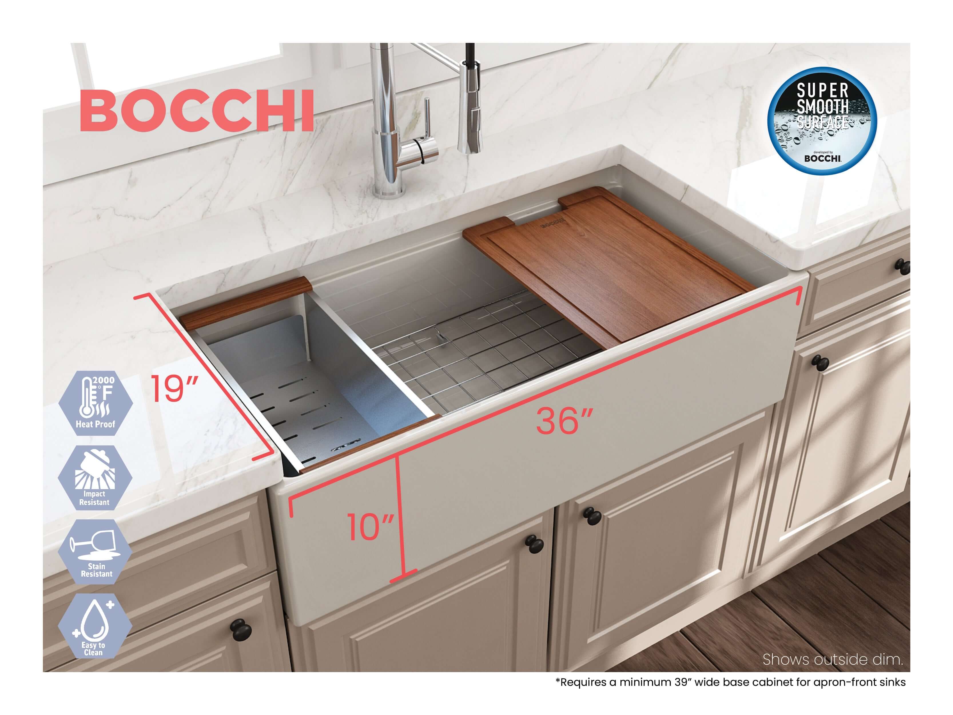 Alternate Image for BOCCHI Contempo 36" Fireclay Workstation Farmhouse Sink with Accessories, Biscuit, 1505-014-0120