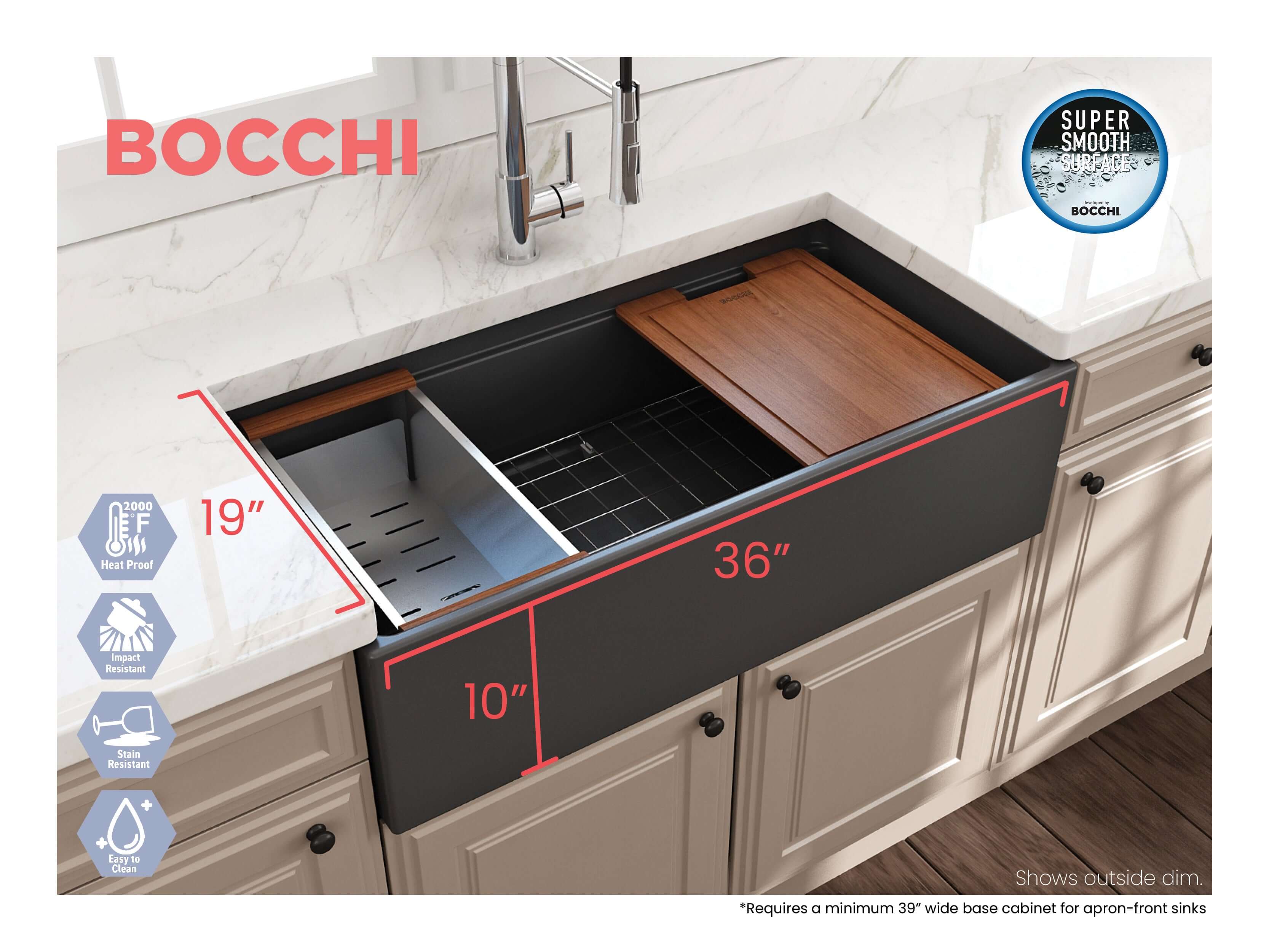 Alternate Image for BOCCHI Contempo 36" Fireclay Workstation Farmhouse Sink with Accessories, Matte Dark Gray, 1505-020-0120