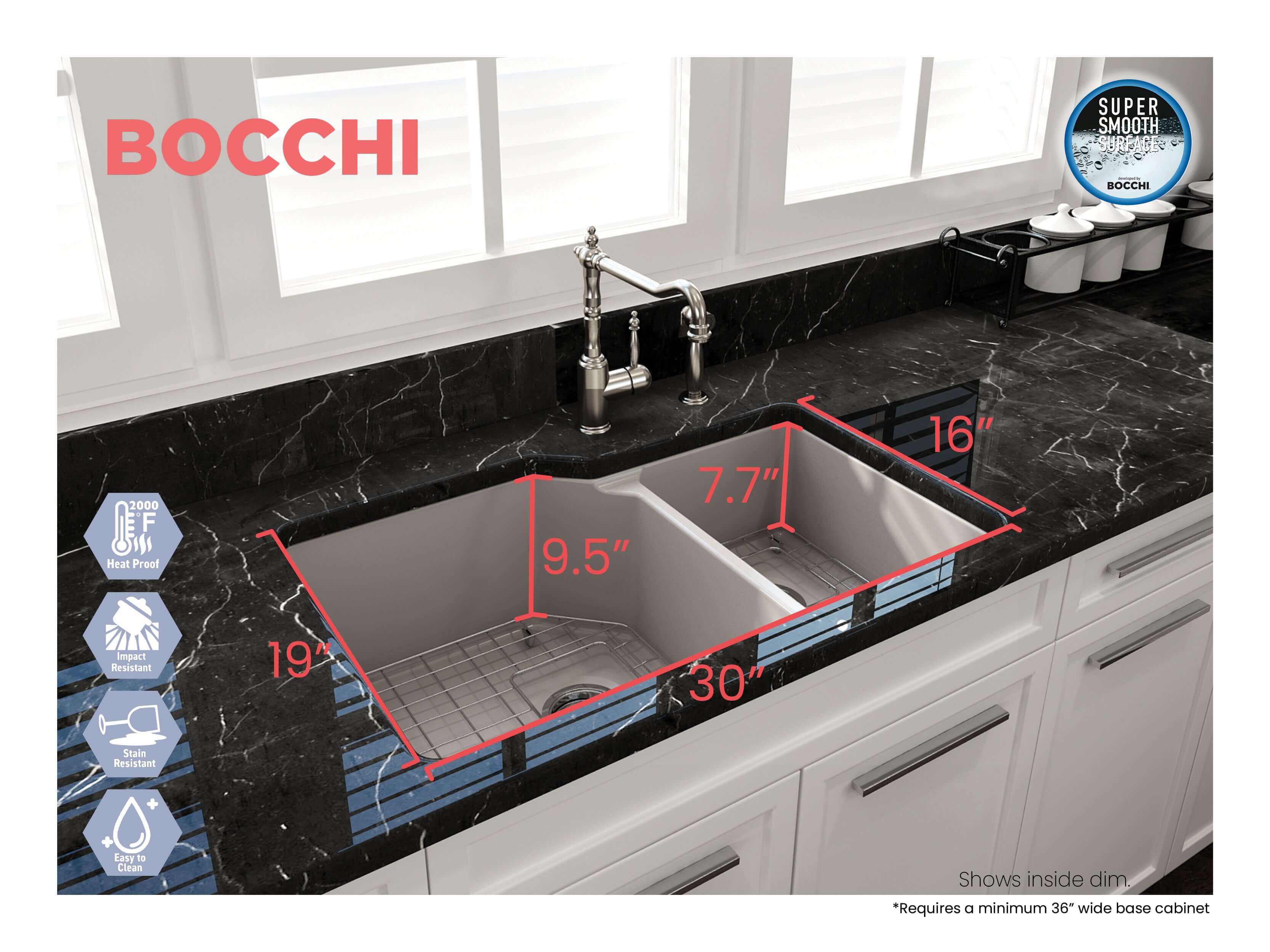 Alternate Image for BOCCHI Sotto 33" Dual Mount Fireclay Kitchen Sink with Accessories, 60/40 Double Bowl, Matte Gray, 1506-006-0120