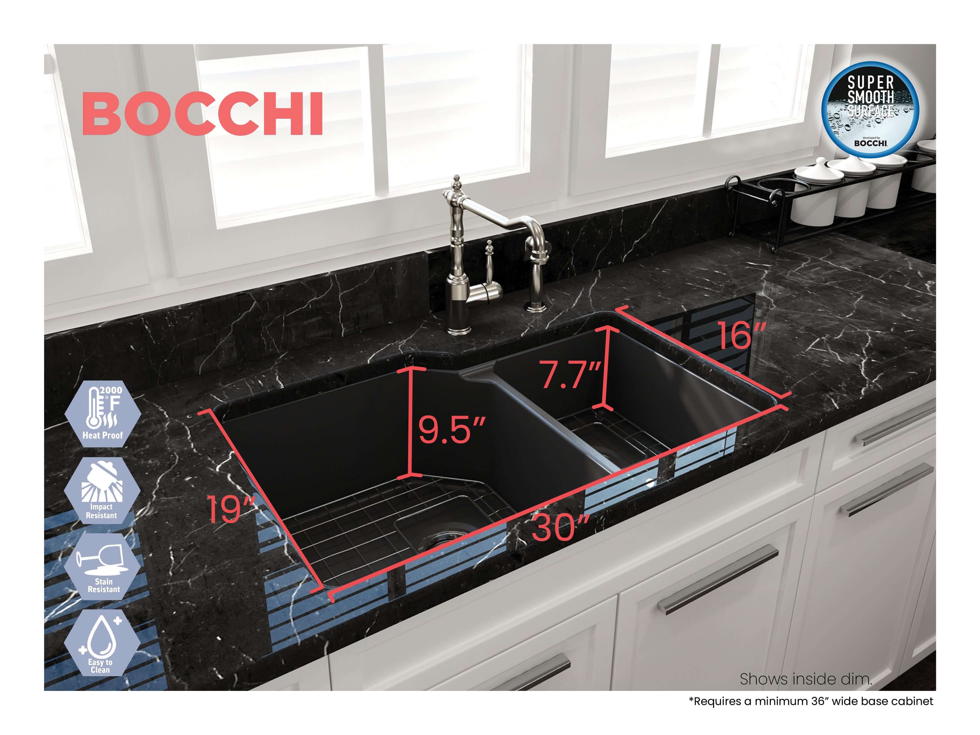 Alternate Image for BOCCHI Sotto 33" Dual Mount Fireclay Kitchen Sink with Accessories, 60/40 Double Bowl, Matte Dark Gray, 1506-020-0120