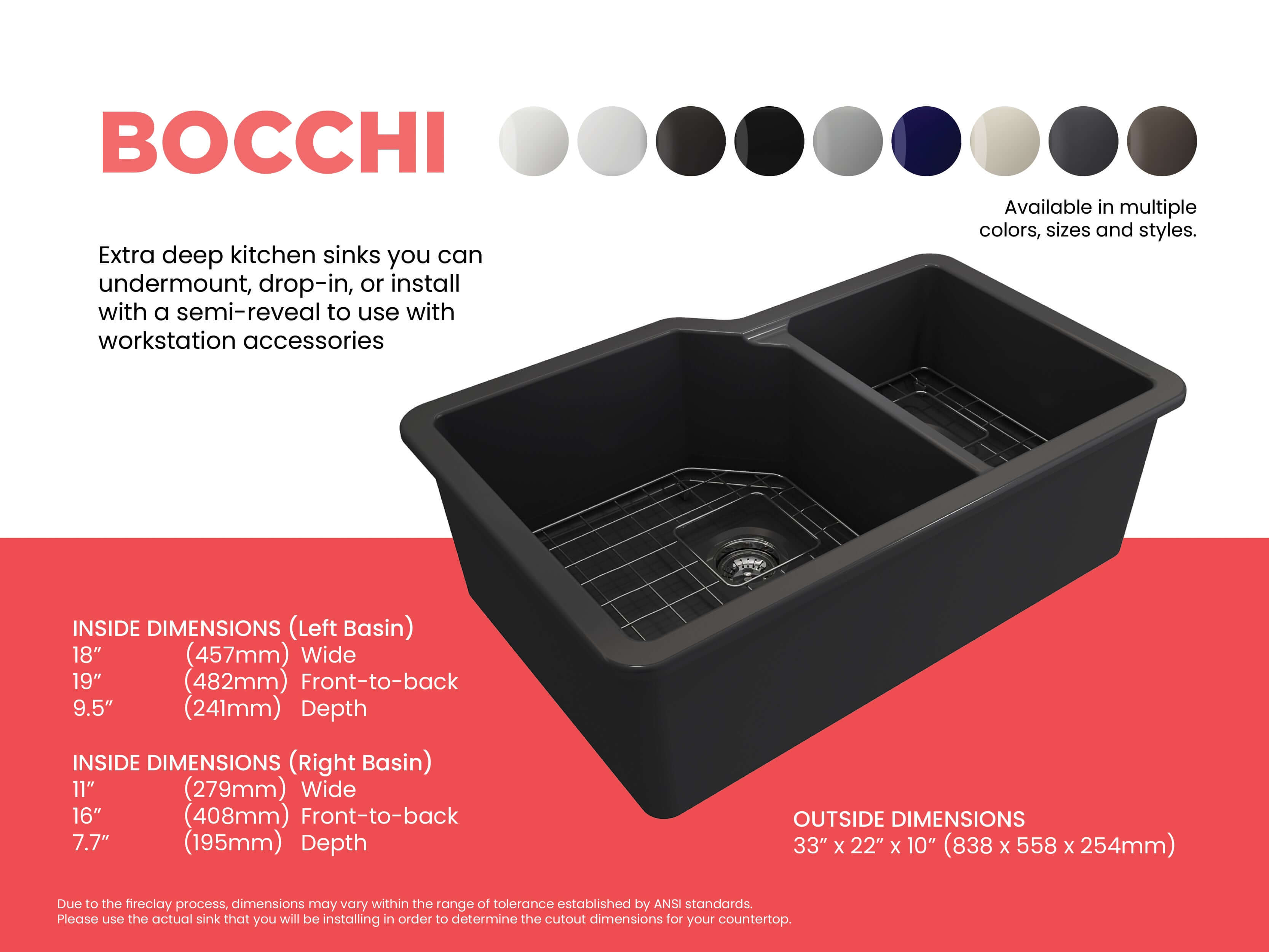 Alternate Image for BOCCHI Sotto 33" Dual Mount Fireclay Kitchen Sink with Accessories, 60/40 Double Bowl, Matte Dark Gray, 1506-020-0120