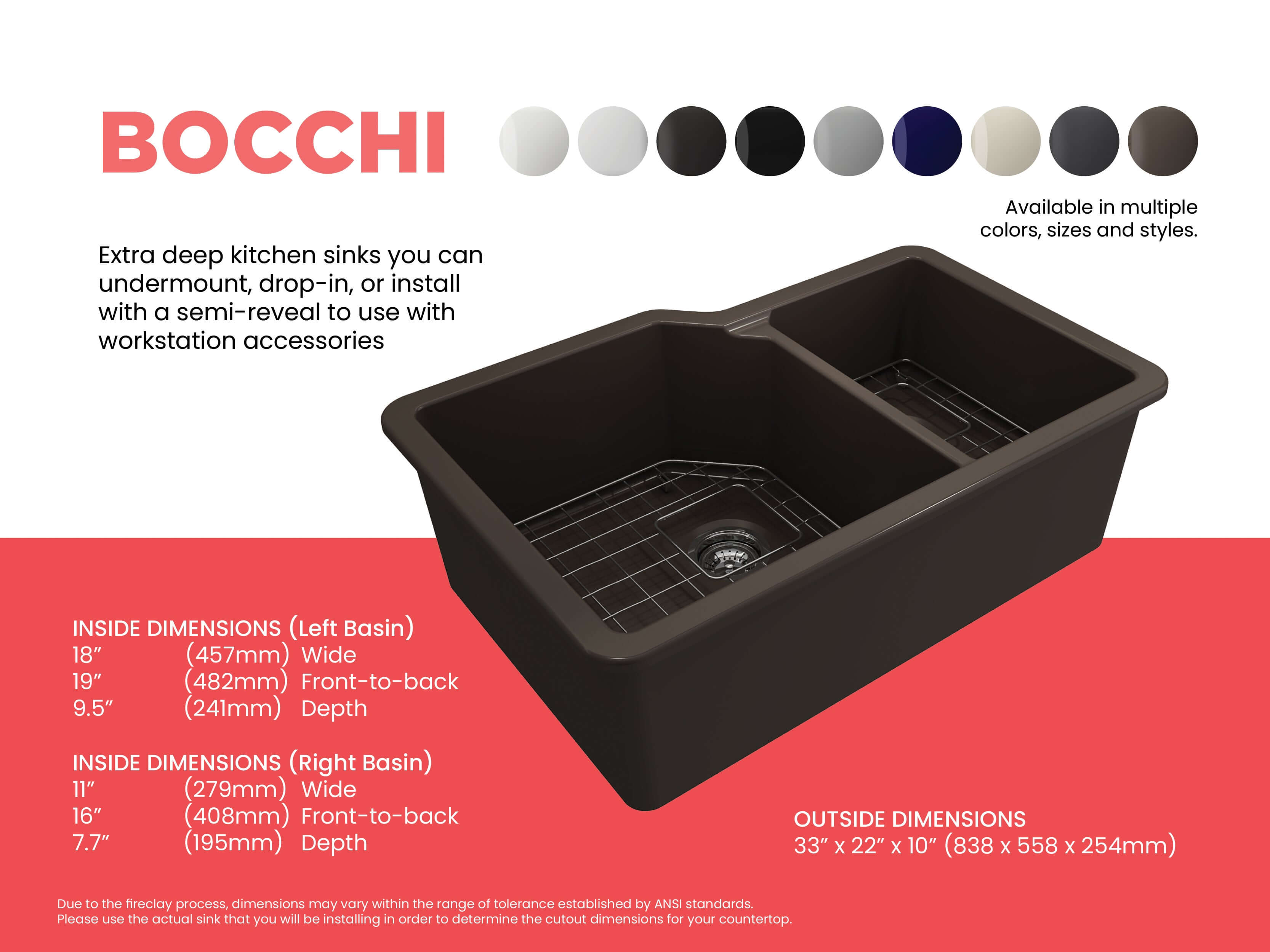 Alternate Image for BOCCHI Sotto 33" Dual Mount Fireclay Kitchen Sink with Accessories, 60/40 Double Bowl, Matte Brown, 1506-025-0120