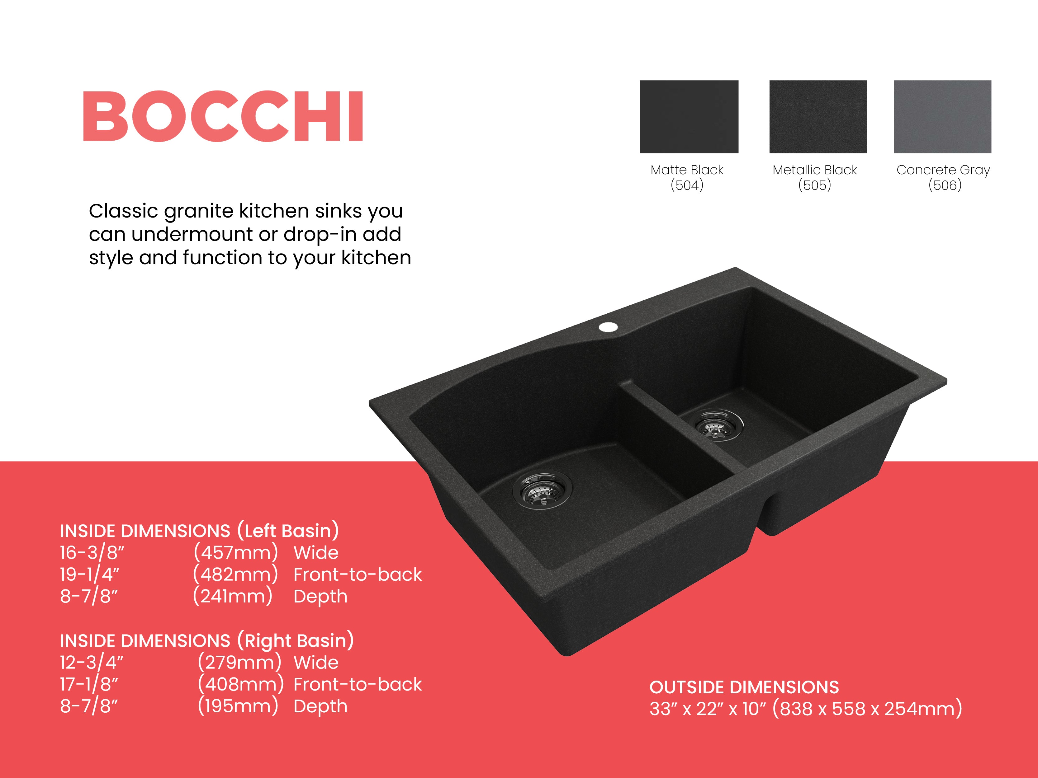 Alternate Image for BOCCHI Campino Duo 33" Dual Mount Composite Granite Kitchen Sink, 60/40 Double Bowl, Metallic Black, 1602-505-0126