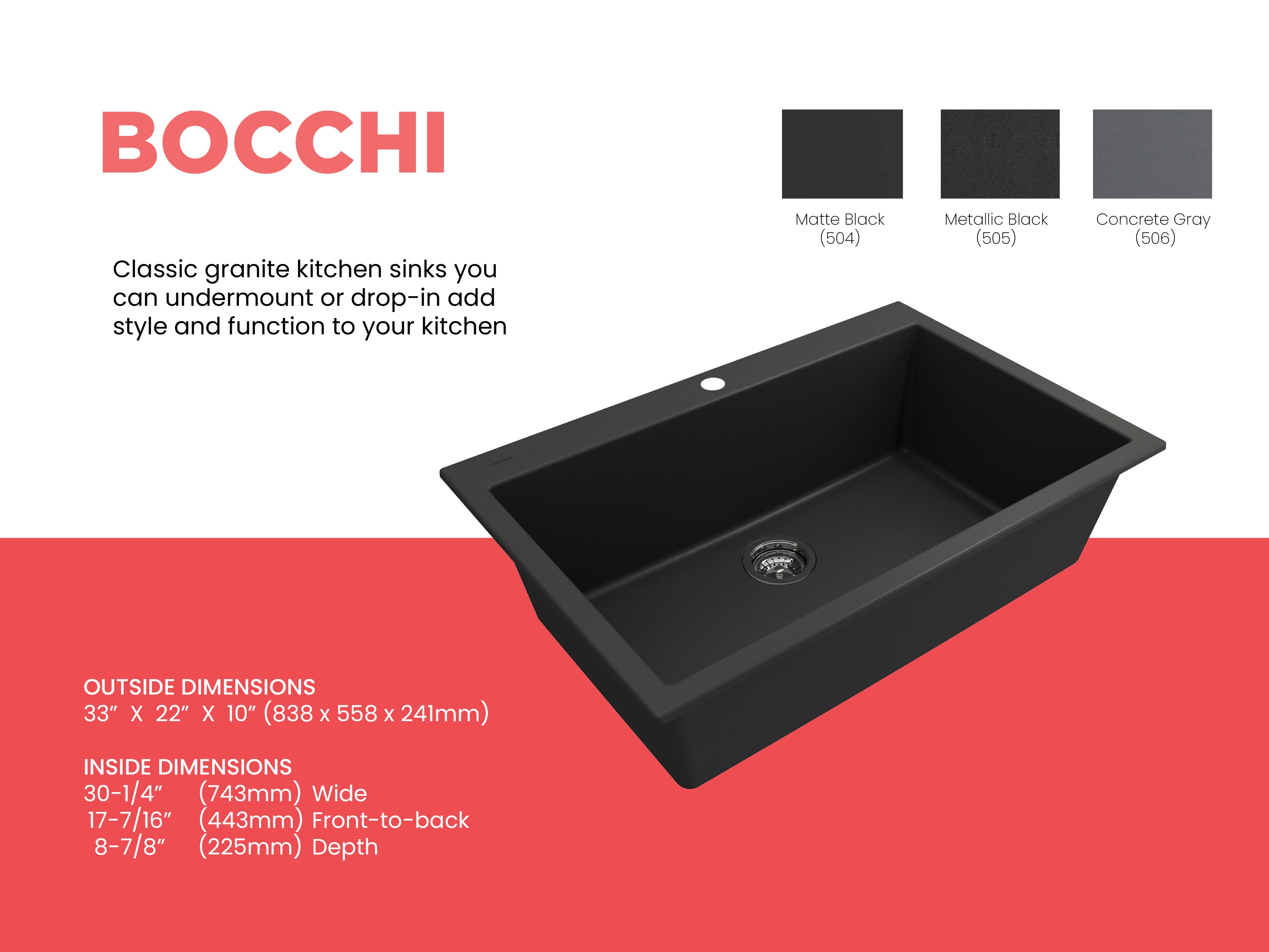 Alternate Image for BOCCHI Campino Uno 33" Dual Mount Composite Granite Kitchen Sink, Matte Black, 1604-504-0126