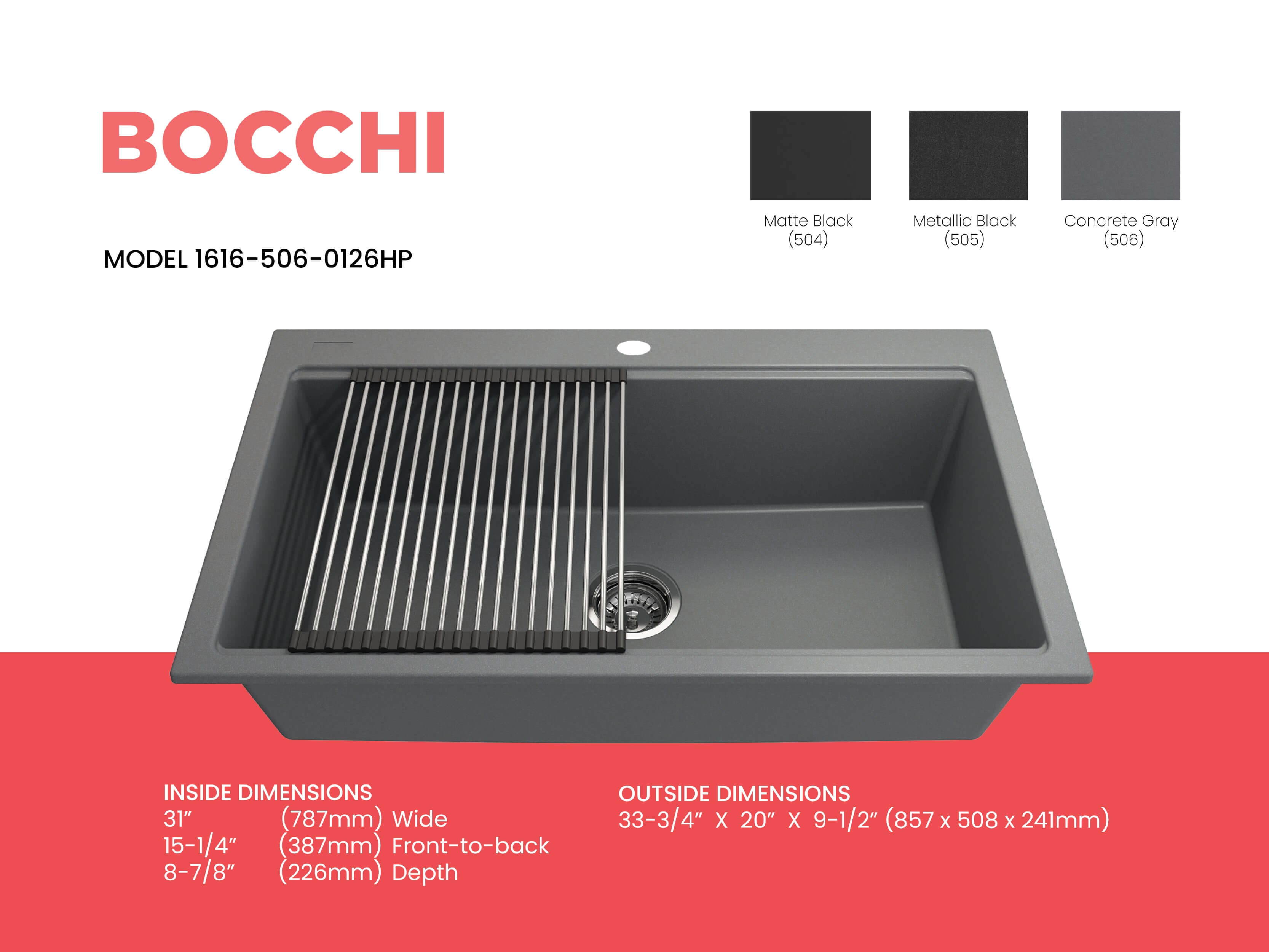 Alternate Image for BOCCHI Baveno Lux 33" Dual Mount Granite Workstation Kitchen Sink Kit with Accessories, Concrete Gray, 1616-506-0126HP