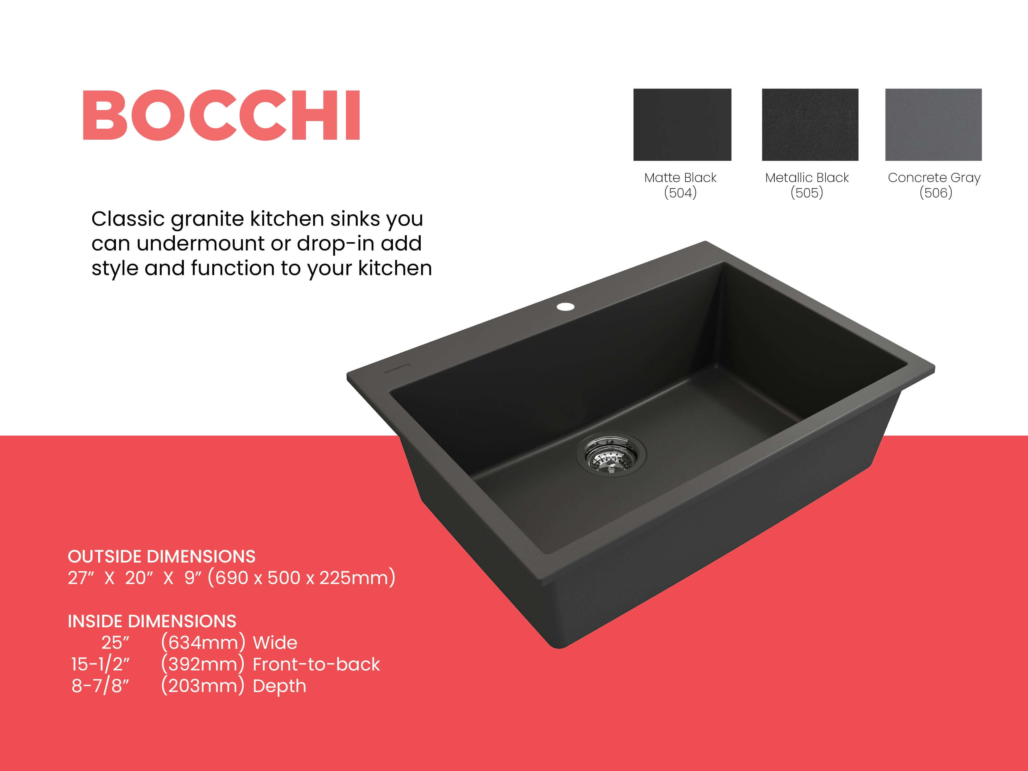 Alternate Image for BOCCHI Campino Uno 27" Dual Mount Granite Kitchen Sink Kit, Metallic Black, 1634-505-0126
