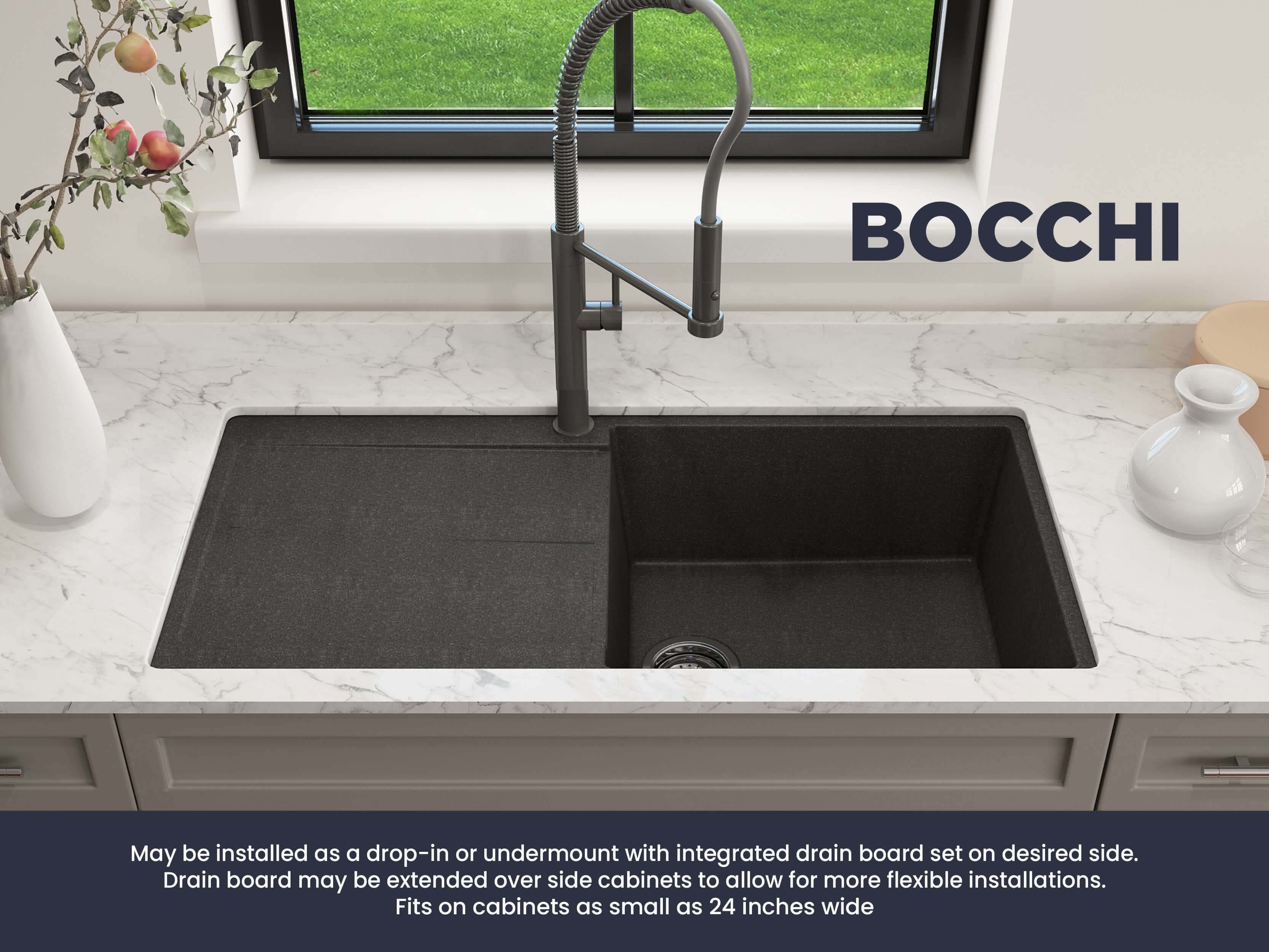 Alternate Image for BOCCHI Levanzo 39" Dual Mount Granite Kitchen Sink Kit, Metallic Black, Includes Drainboard, 1635-505-0120