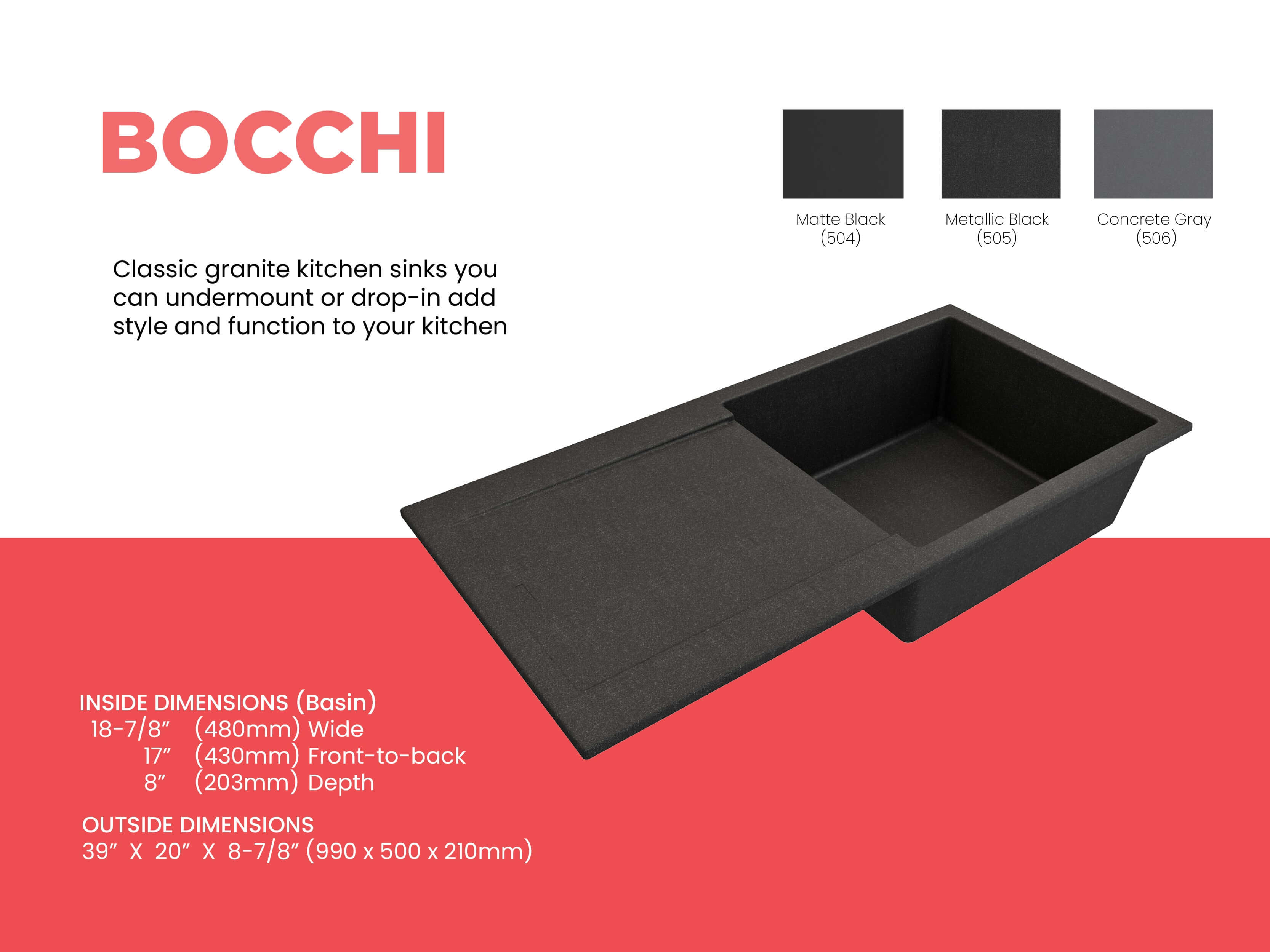Alternate Image for BOCCHI Levanzo 39" Dual Mount Granite Kitchen Sink Kit, Metallic Black, Includes Drainboard, 1635-505-0120