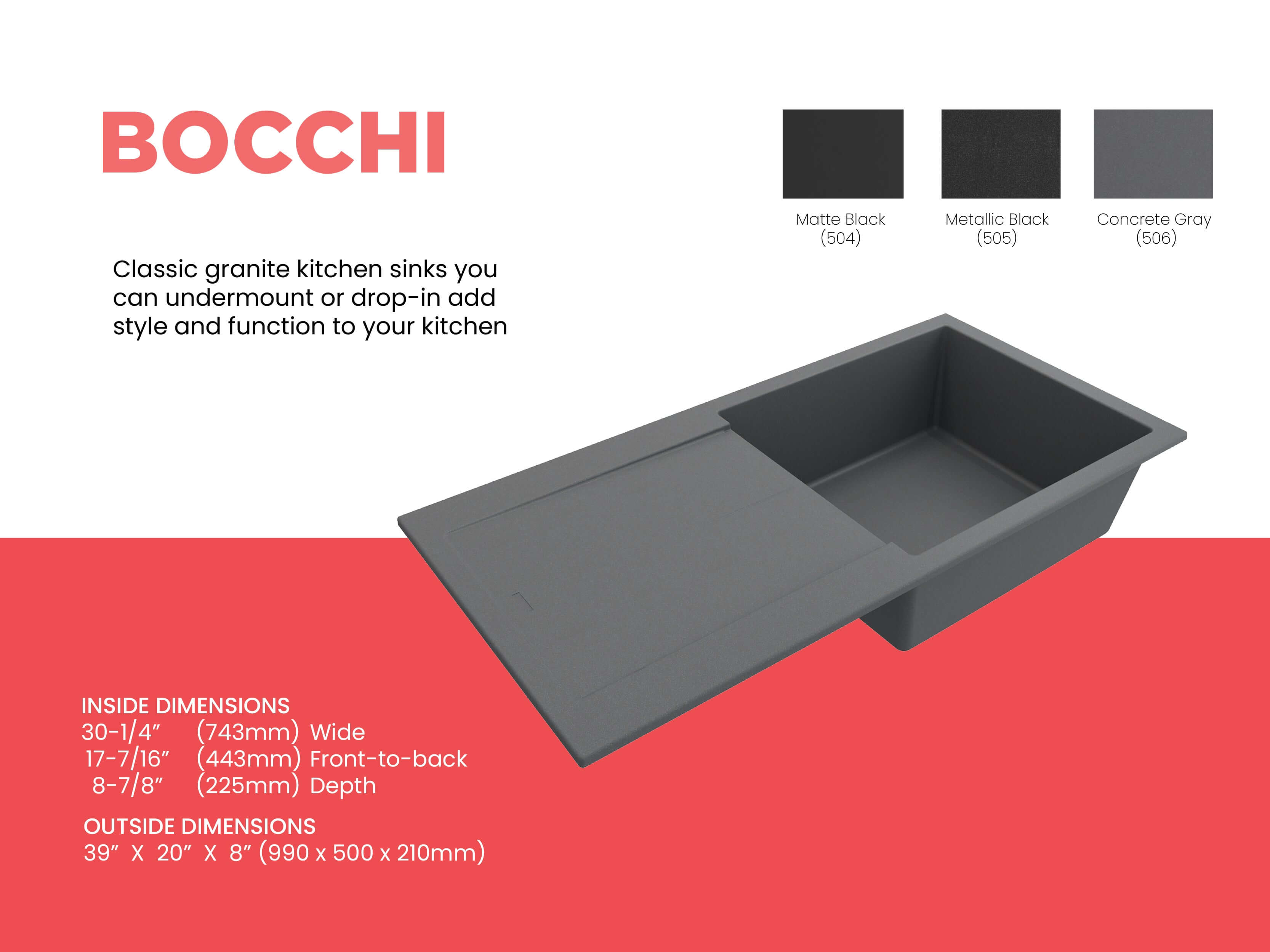Alternate Image for BOCCHI Levanzo 39" Dual Mount Granite Kitchen Sink Kit, Concrete Gray, Includes Drainboard, 1635-506-0120