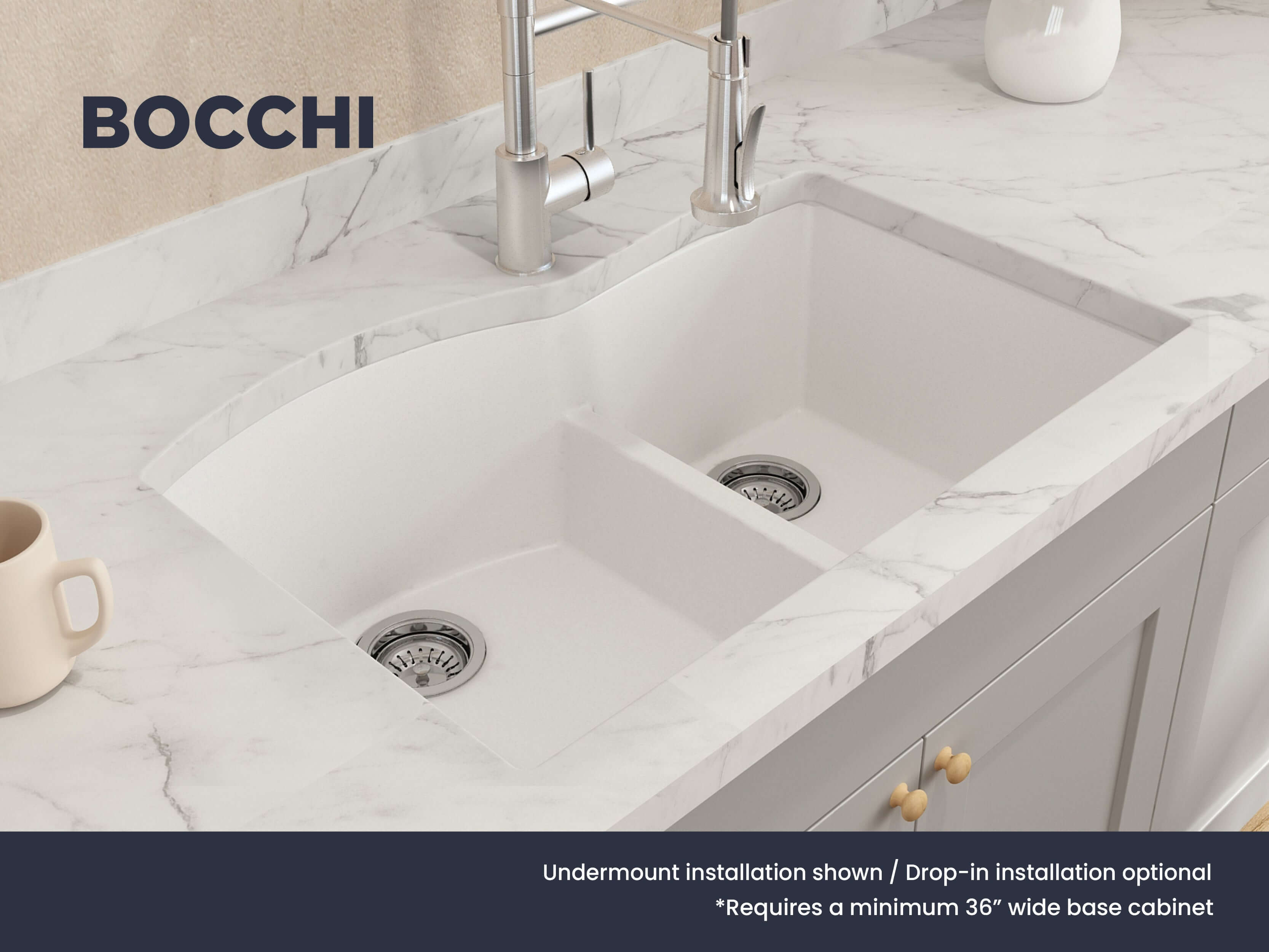 Alternate Image for BOCCHI Campino Duo 33" Dual Mount Granite Kitchen Sink Kit with Accessories, 60/40 Double Bowl, Milk White, 1602-507-0126