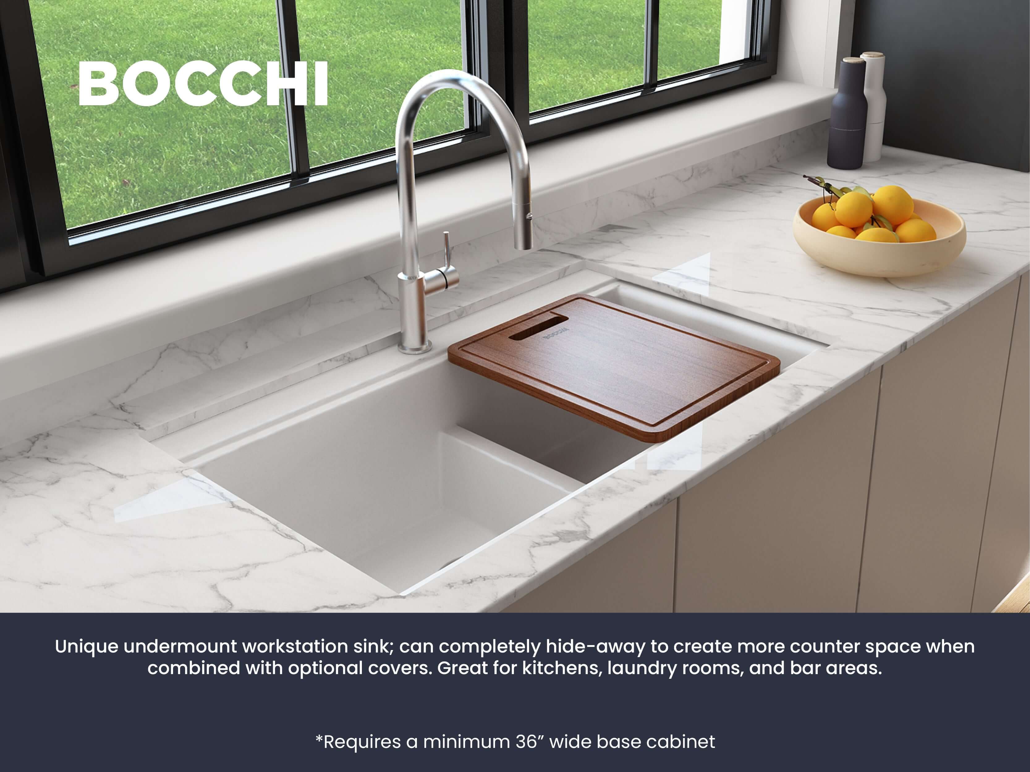 Alternate Image for BOCCHI Baveno Lux 34" Undermount Granite Workstation Kitchen Sink Kit with Accessories, 50/50 Double Bowl, Milk White, 1618-507-0126