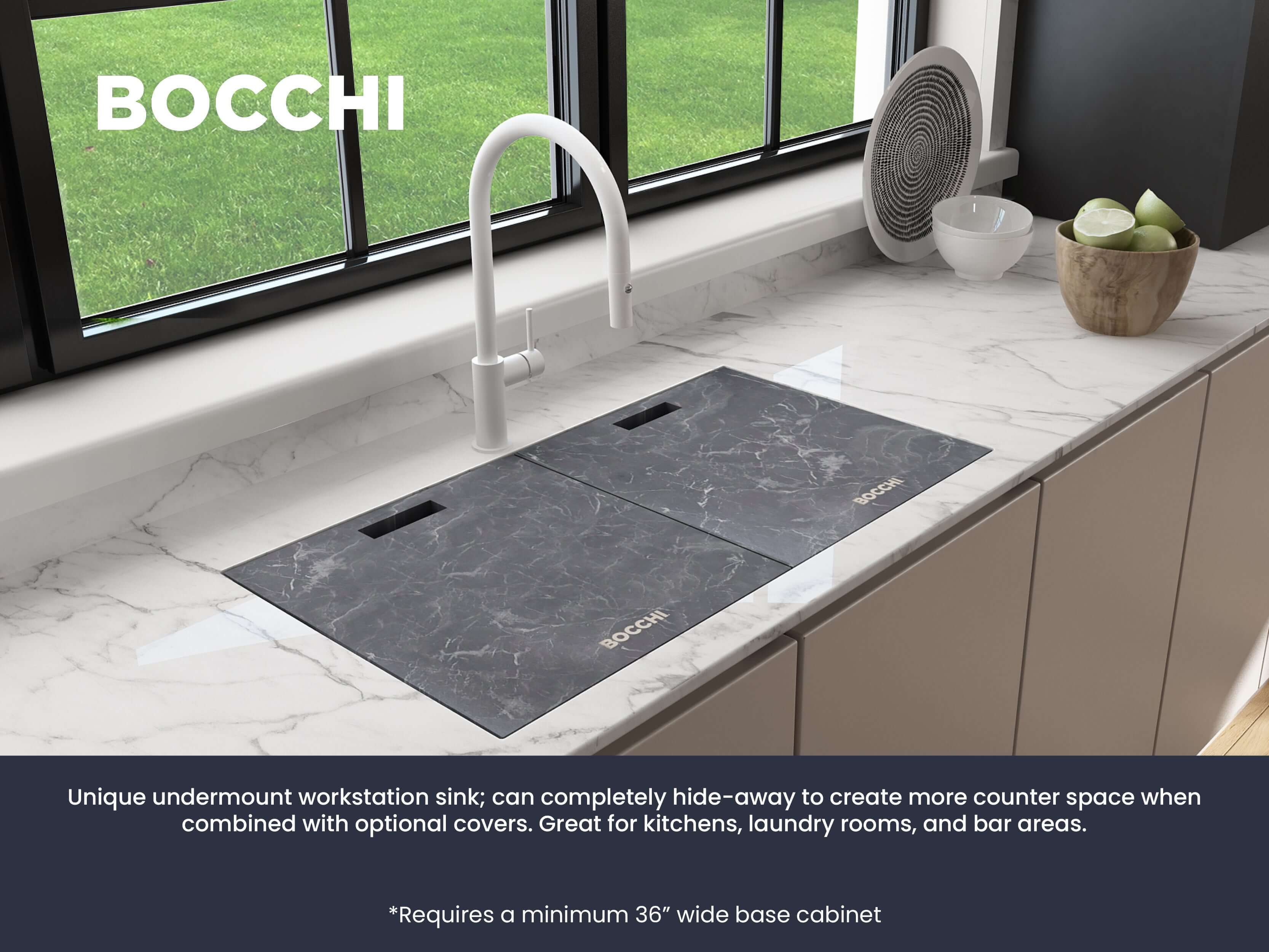 Alternate Image for BOCCHI Baveno Lux 34" Undermount Granite Workstation Kitchen Sink Kit with Accessories, 50/50 Double Bowl, Milk White, 1618-507-0126HP