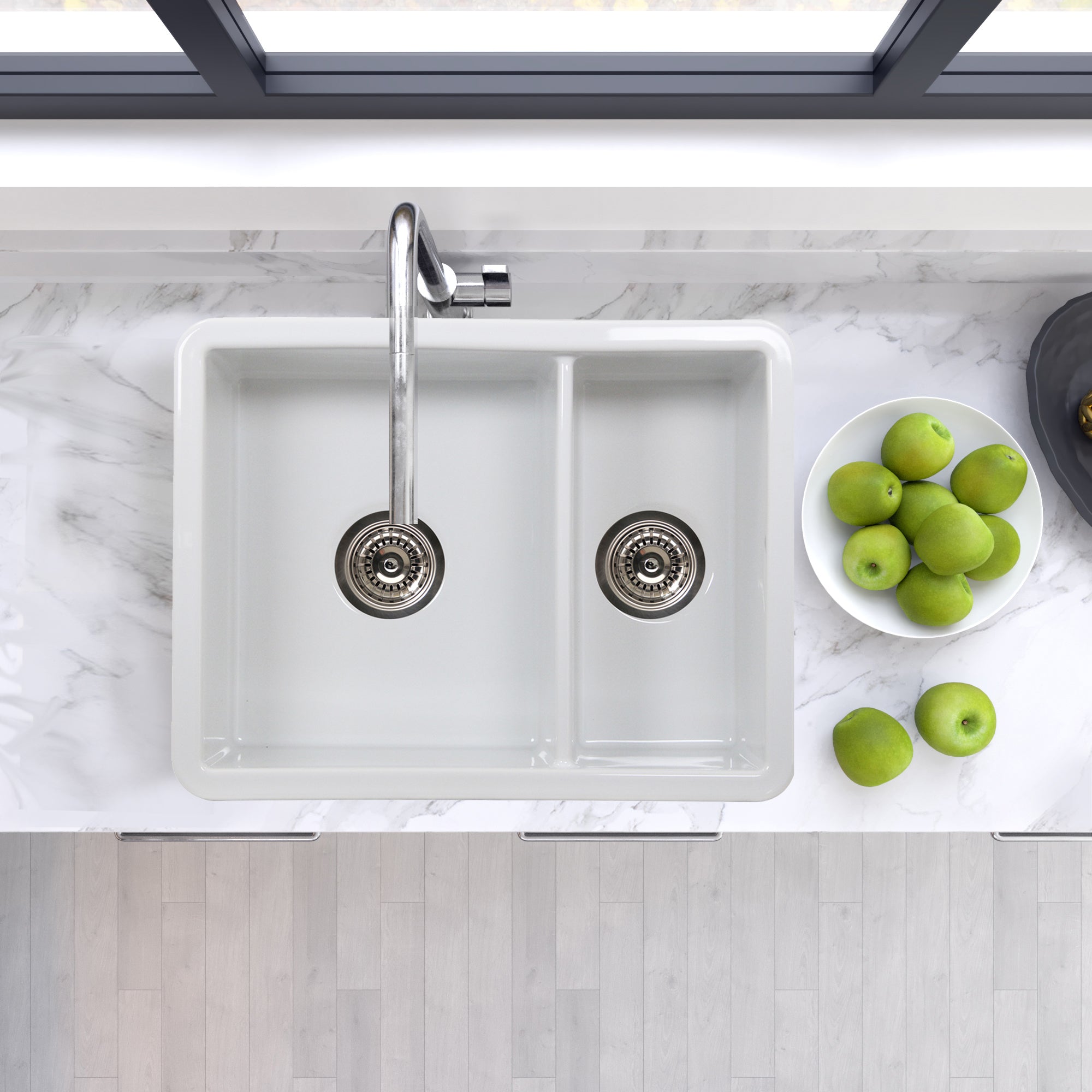 Alternate Image for Nantucket Sinks Island 24" Dual Mount Fireclay Kitchen Sink with Accessories, 67/33 Double Bowl, White, ISFC24x18W-DB2