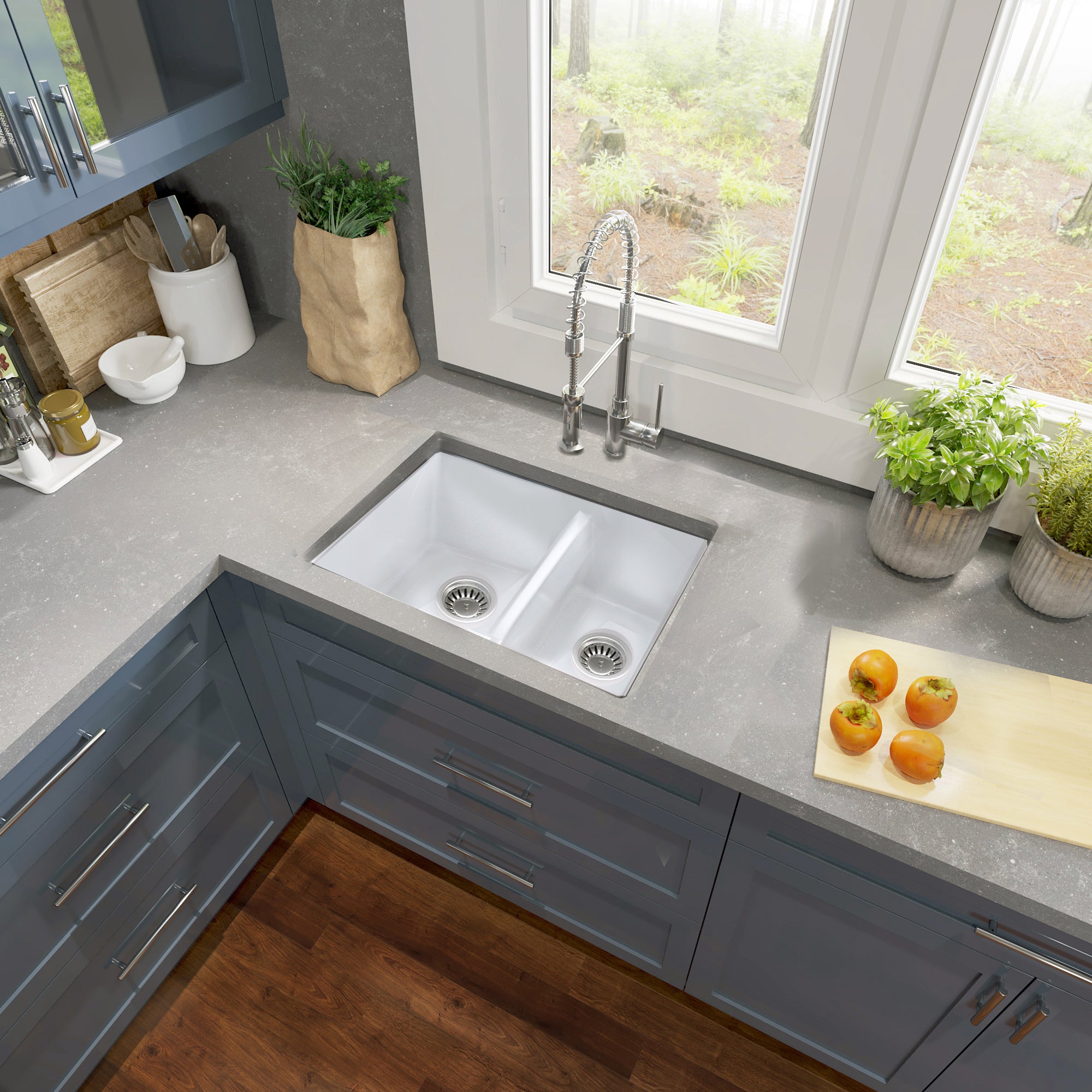 Alternate Image for Nantucket Sinks Island 24" Dual Mount Fireclay Kitchen Sink with Accessories, 67/33 Double Bowl, White, ISFC24x18W-DB2